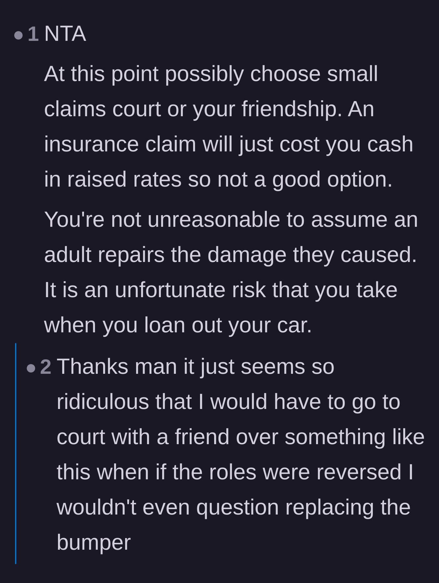 Comment thread 1 - Readers debating whether to take the friend to small claims court and agreeing the friendship is already over.