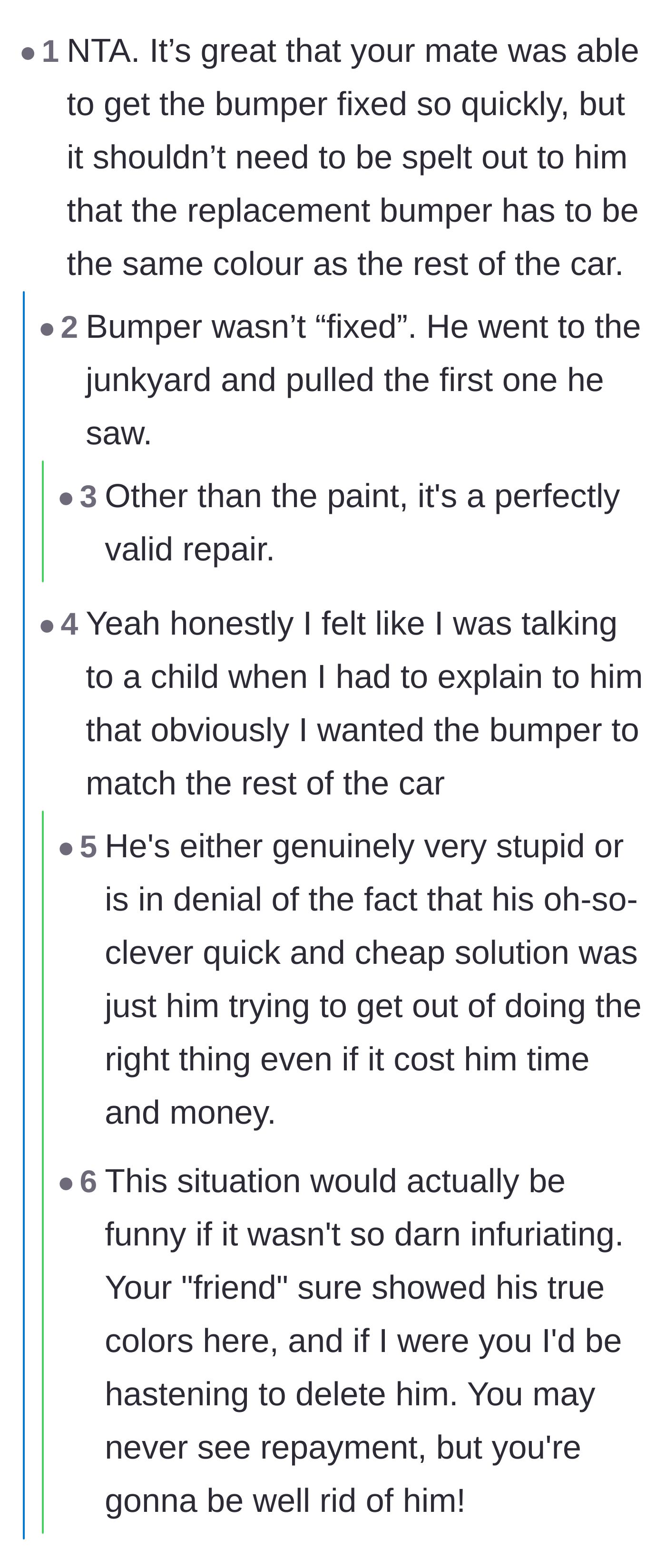 Comment thread 2 - A discussion about how the friend likely grabbed a random junkyard part and played dumb to avoid paying for paint.
