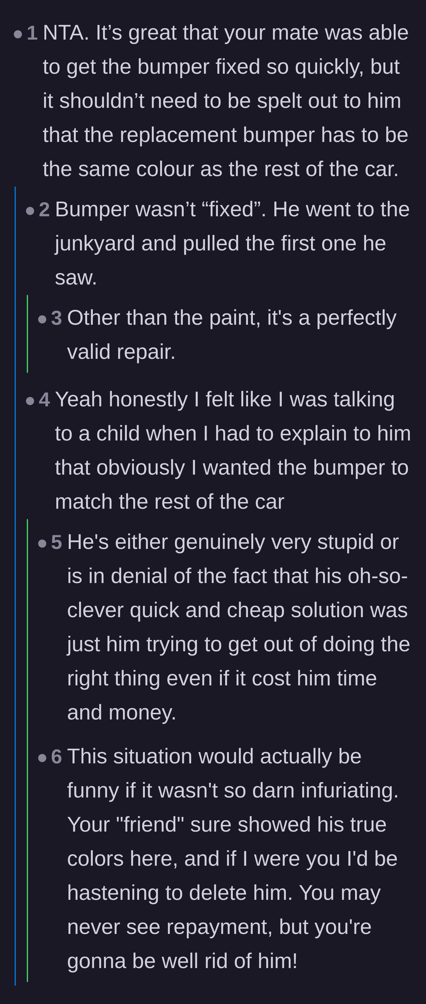 Comment thread 2 - A discussion about how the friend likely grabbed a random junkyard part and played dumb to avoid paying for paint.