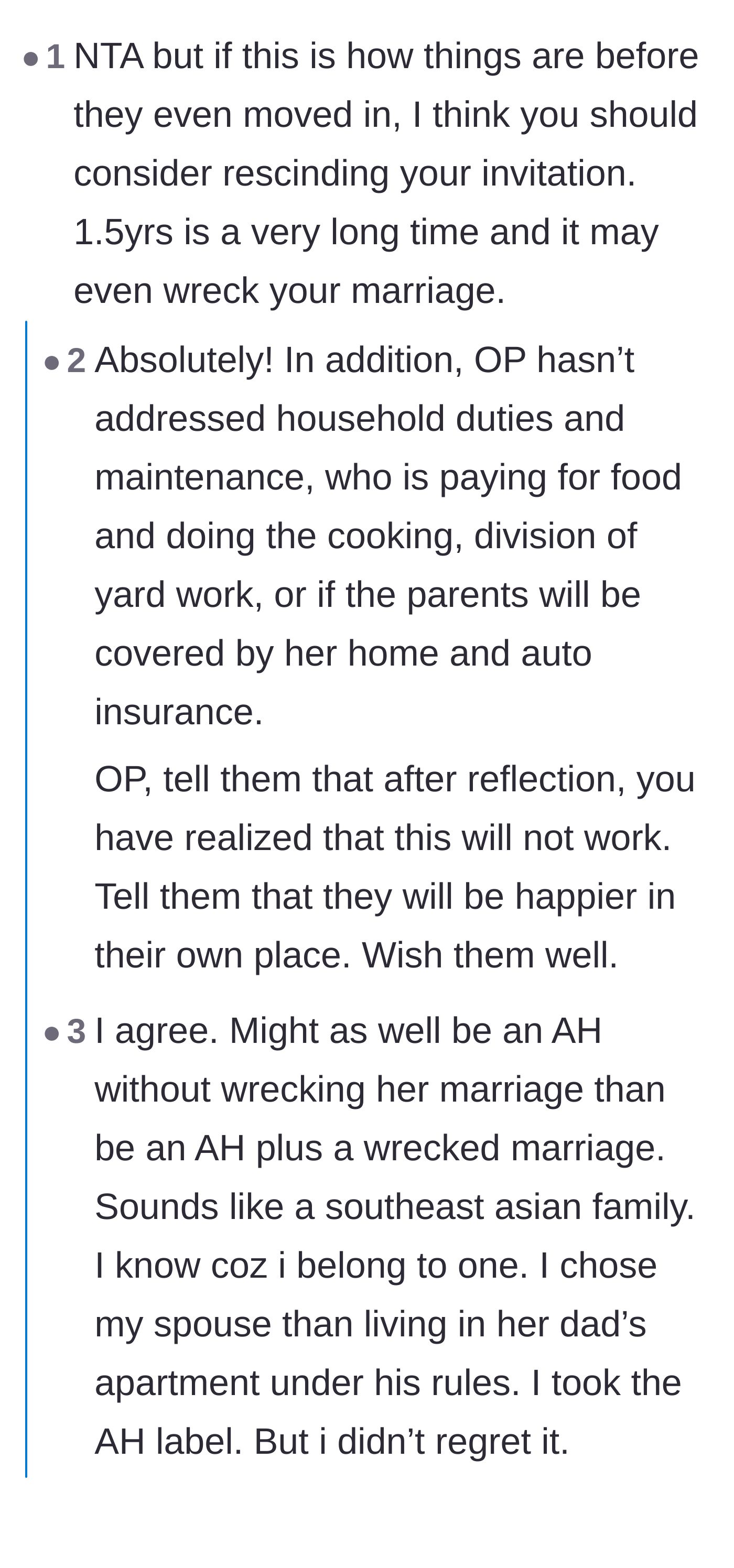 Comment thread 1 - A discussion contrasting entitled parent behavior with healthy, reciprocal family dynamics, urging the homeowner to establish strict ground rules.