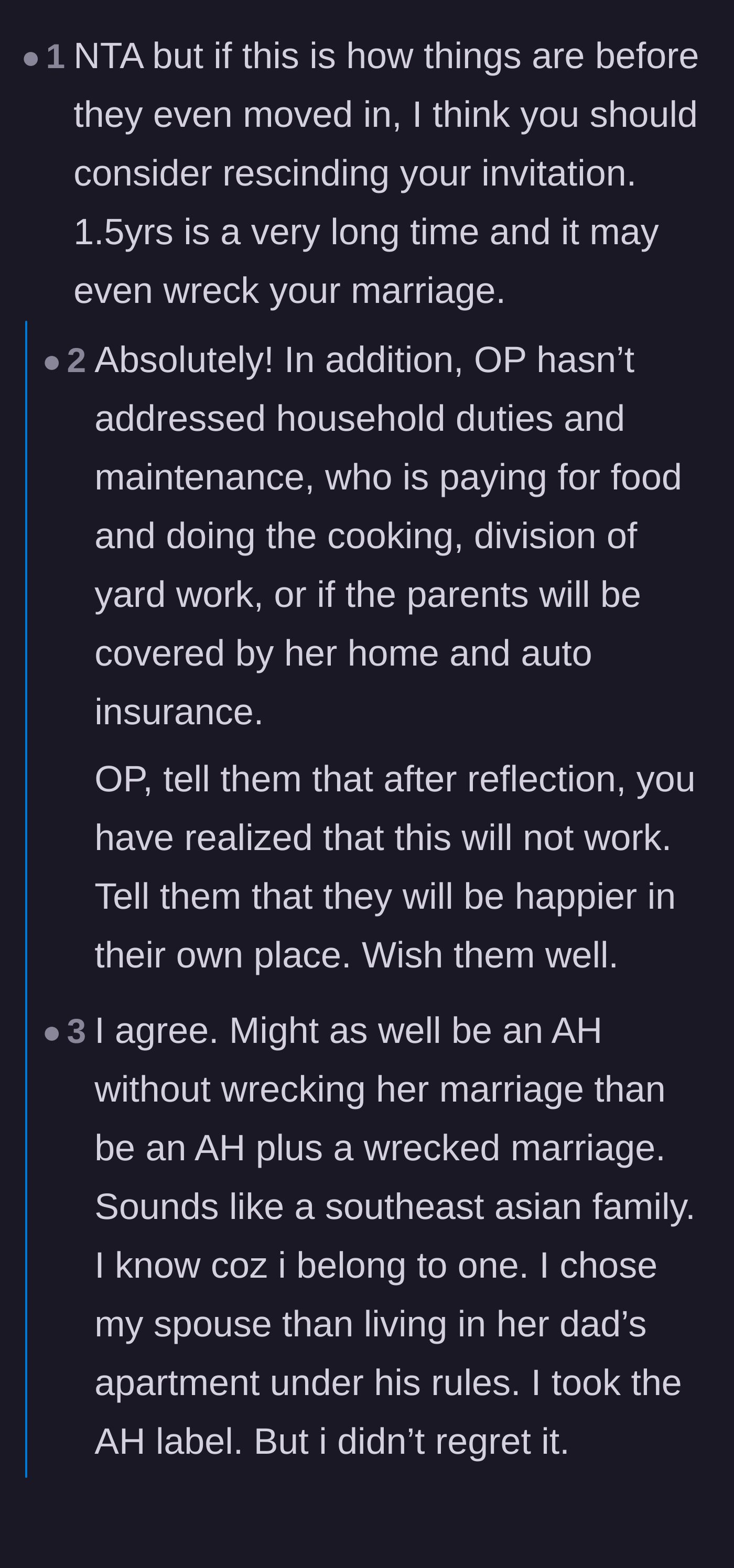 Comment thread 1 - A discussion contrasting entitled parent behavior with healthy, reciprocal family dynamics, urging the homeowner to establish strict ground rules.