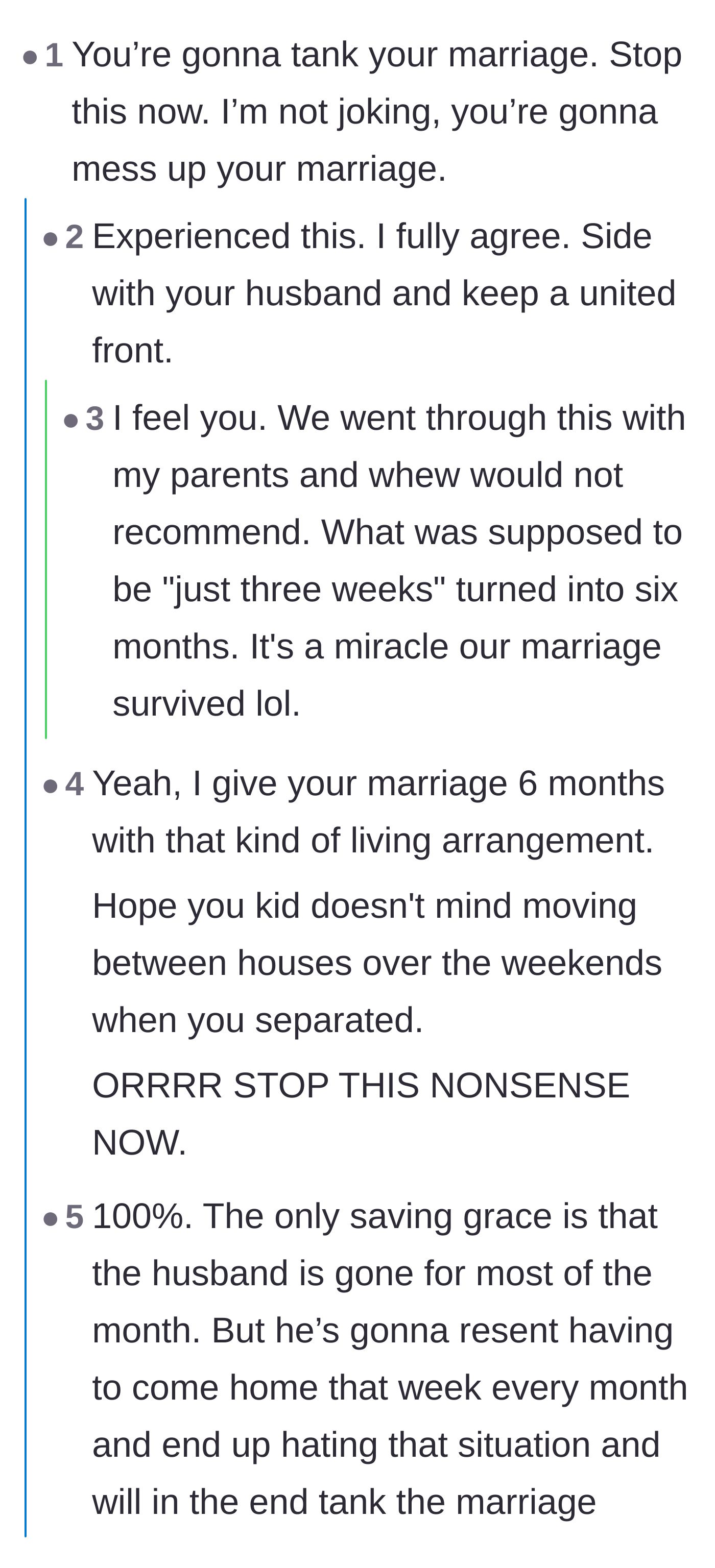 Comment thread 2 - Warnings that the husband will feel alienated in his own home, ultimately leading to severe marital consequences.