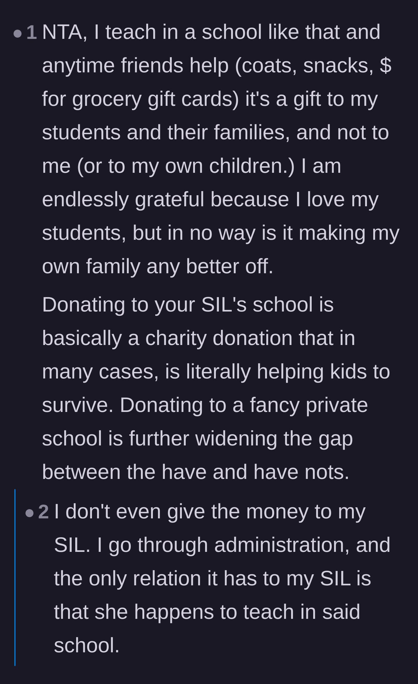Comment thread 1 - A discussion contrasting life-saving charity for public school students with wealth-hoarding private school donations.