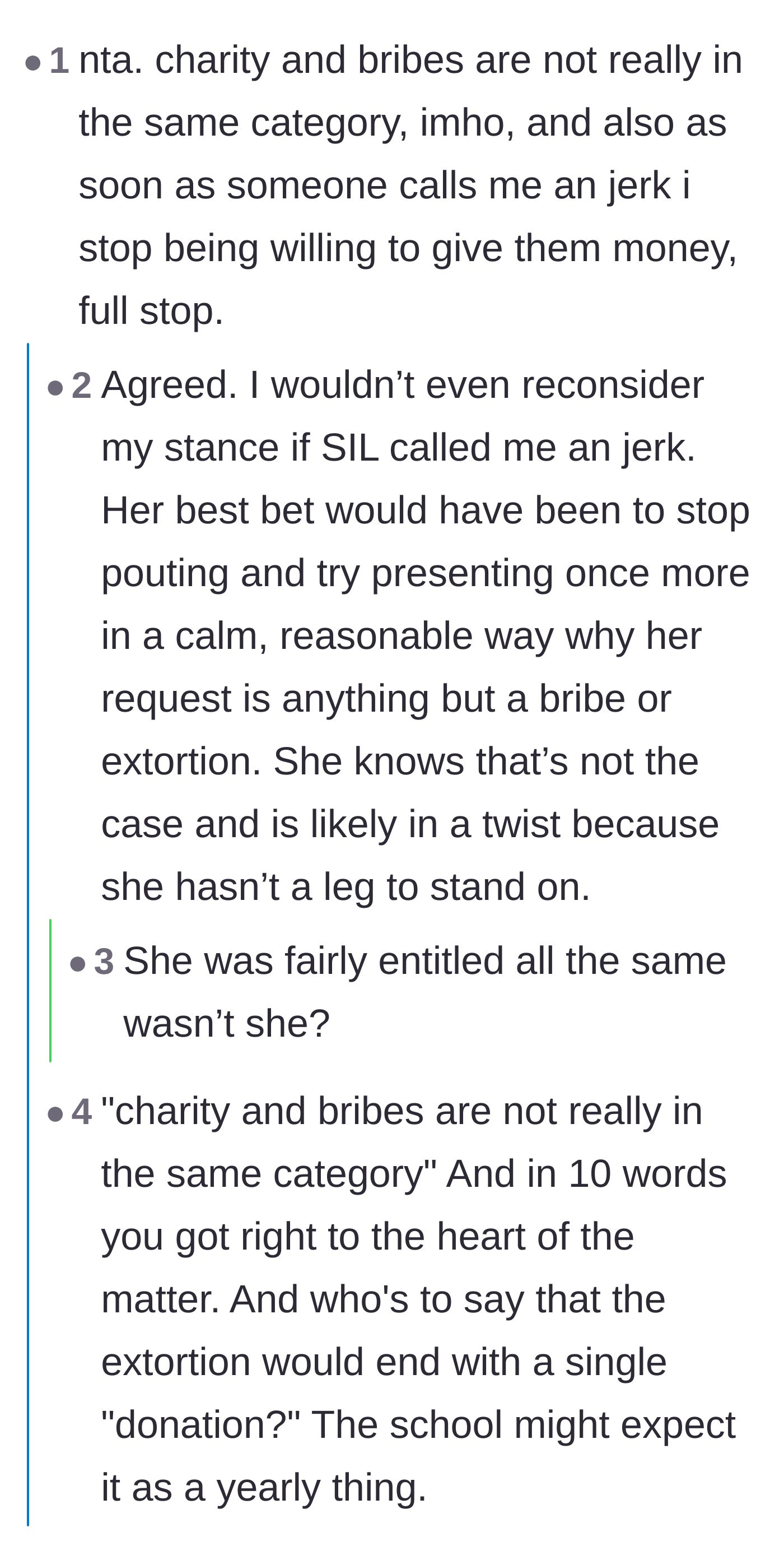 Comment thread 2 - A debate highlighting the difference between a charitable donation and an extortionate admission bribe.