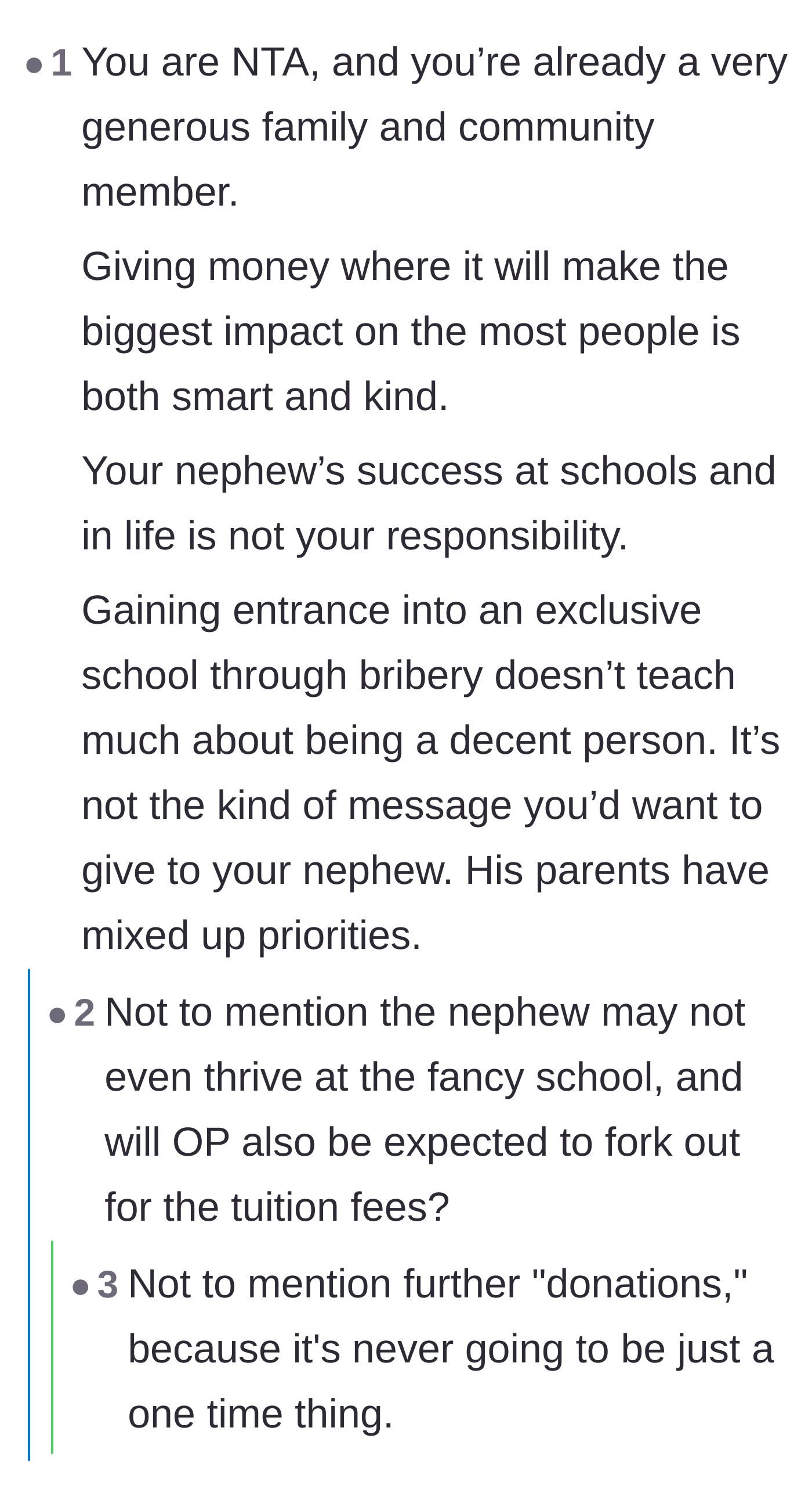 Comment thread 4 - A thread discussing the poor moral lesson of bribing a child's way into a school and the uncle's lack of liability.