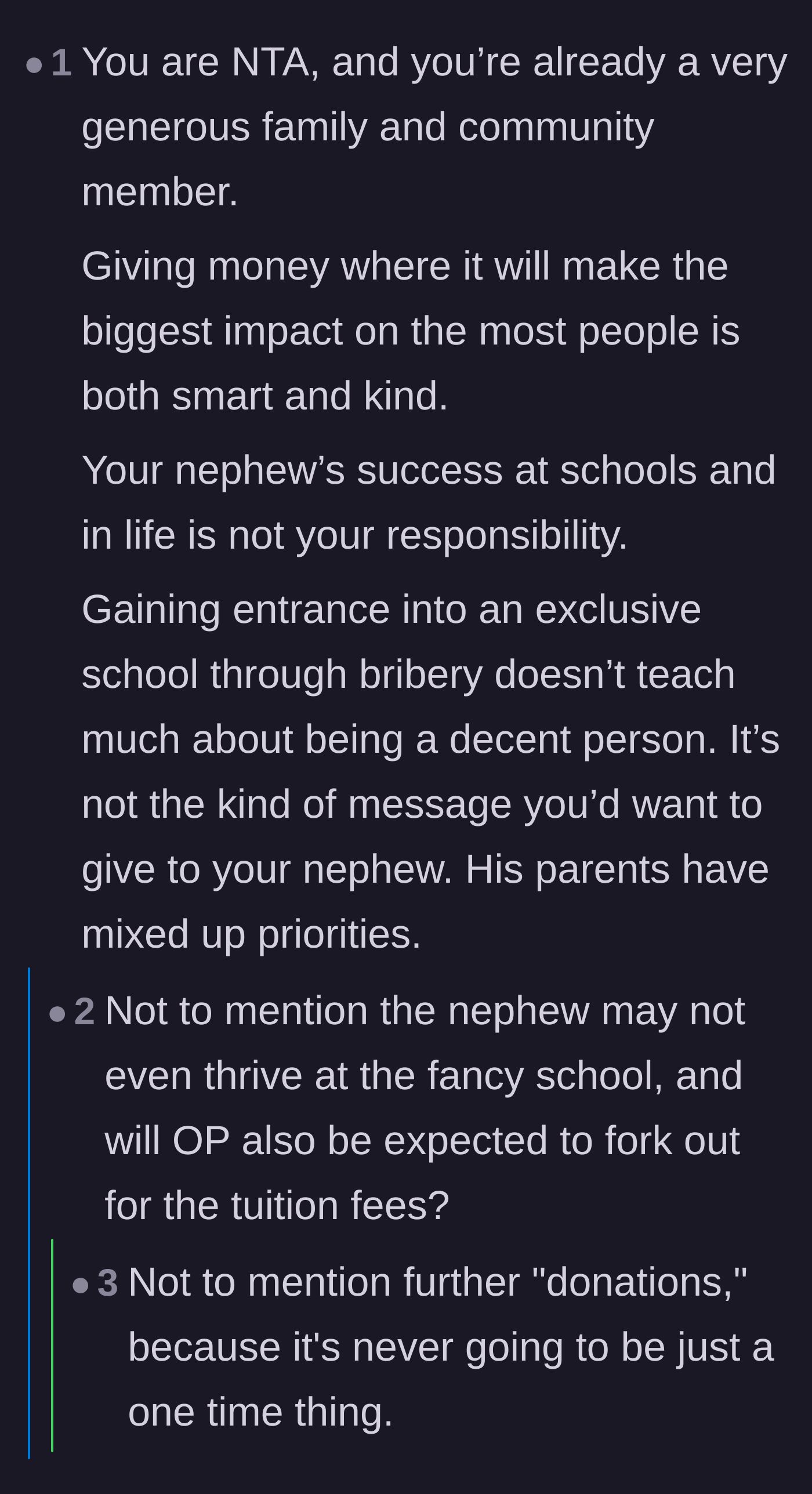 Comment thread 4 - A thread discussing the poor moral lesson of bribing a child's way into a school and the uncle's lack of liability.