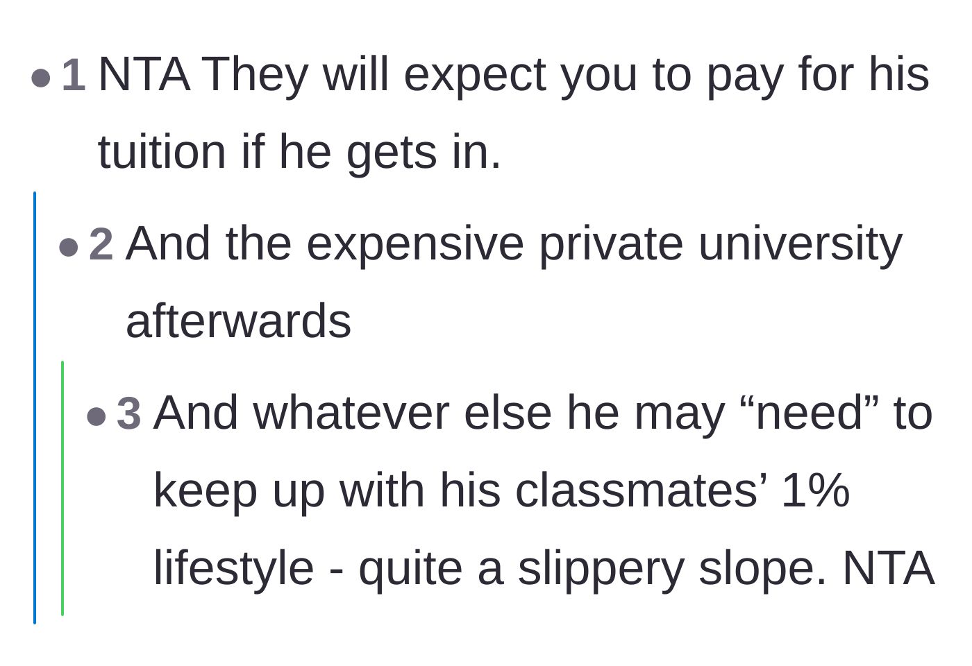 Comment thread 6 - A prediction that paying the initial bribe would trigger a slippery slope of endless tuition demands.