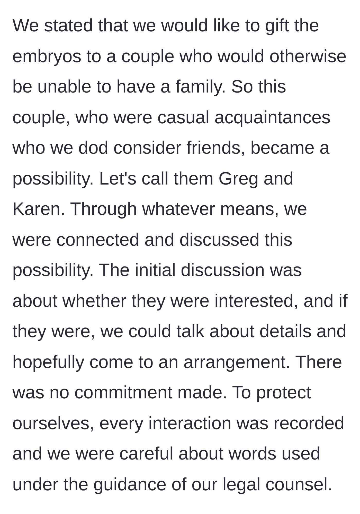Story part 2 - The couple connects with acquaintances, Greg and Karen, to discuss the potential gift, keeping all interactions recorded and guided by legal counsel.