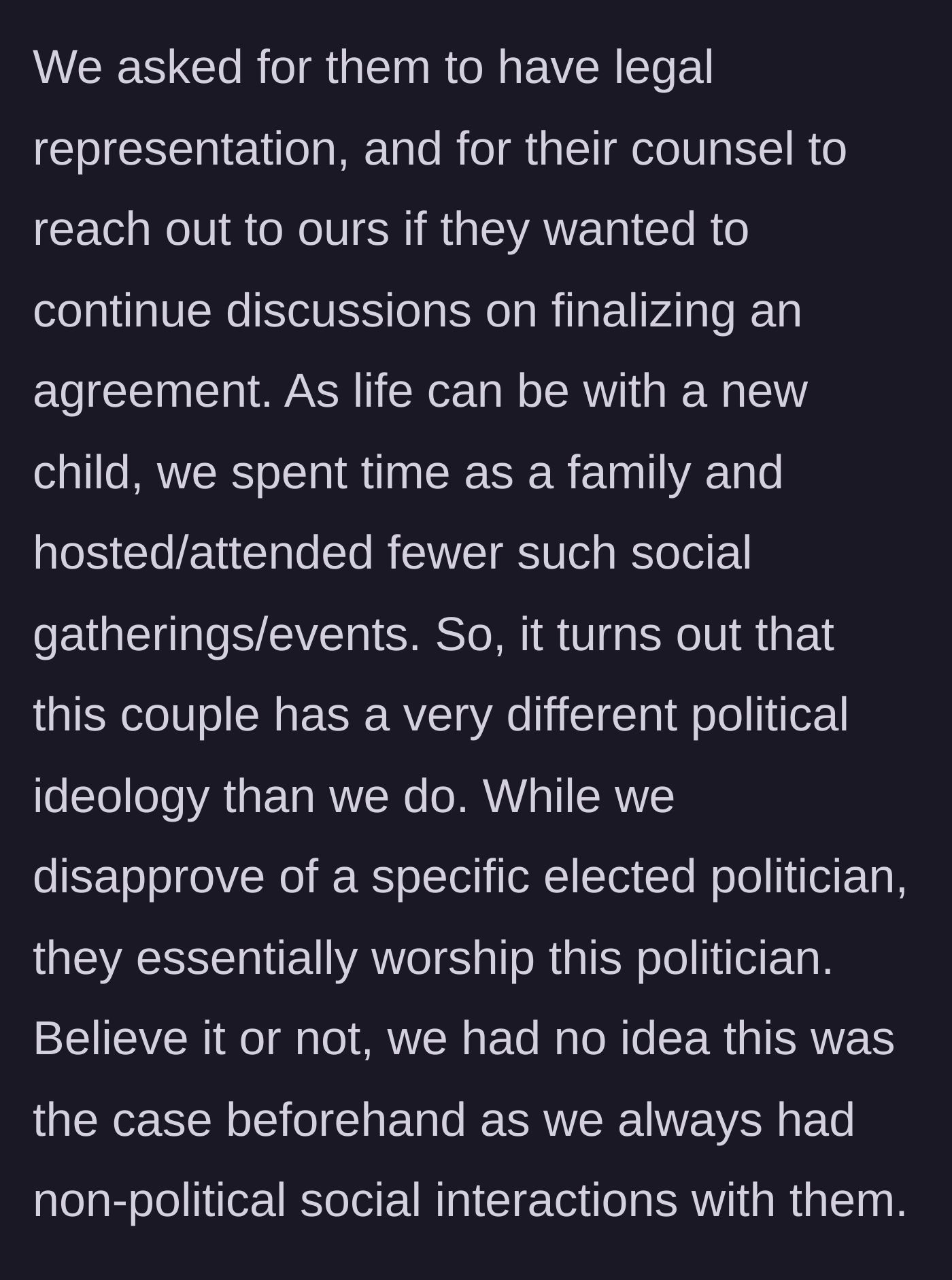 Story part 3 - The couple discovers that Greg and Karen hold extreme, fanatical political views that starkly contrast with their own.