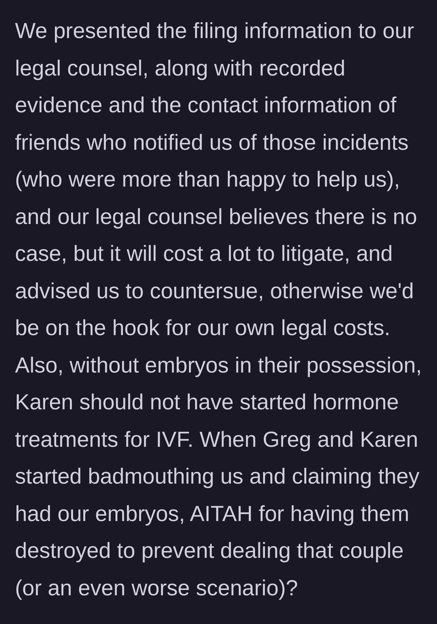 Story part 7 - The donors' lawyers review the overwhelming recorded evidence, advise that the antagonists have no case, and prepare a countersuit.