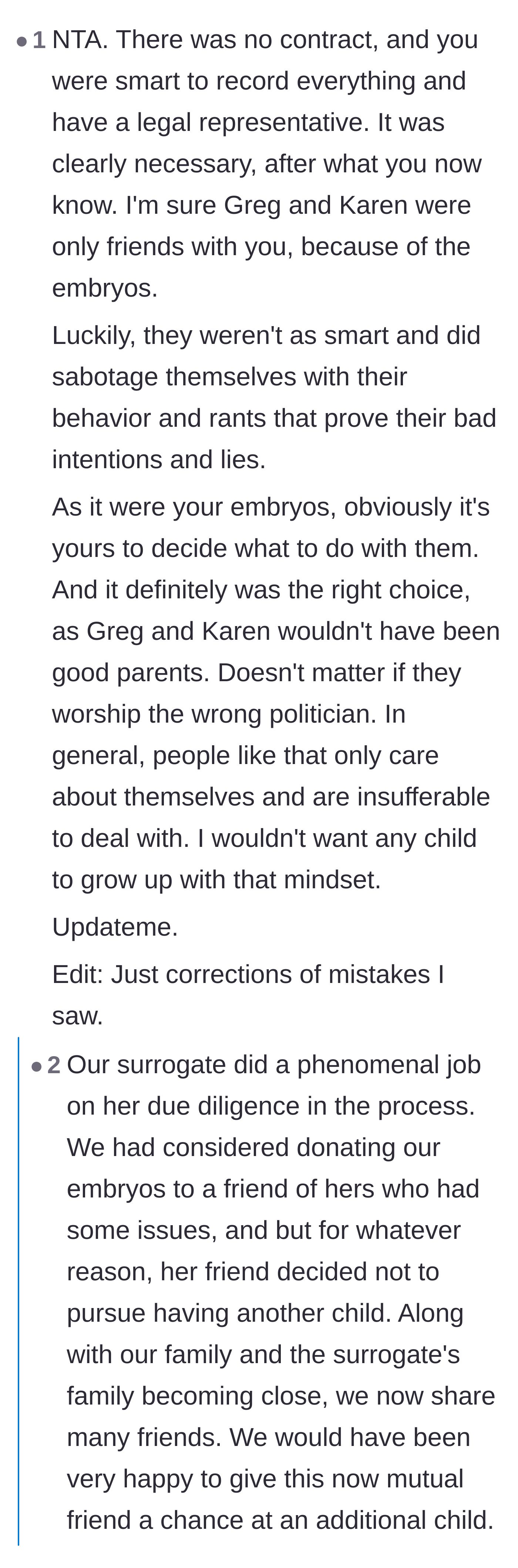 Comment thread 1 - A discussion praising the donors' smart legal preparation and highlighting how the antagonists' arrogance sabotaged their own windfall.