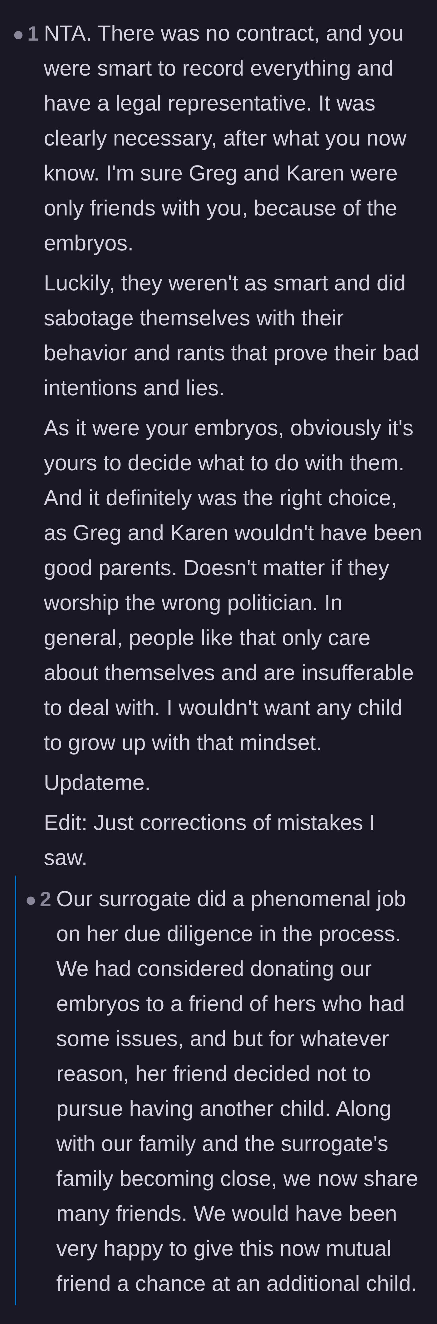 Comment thread 1 - A discussion praising the donors' smart legal preparation and highlighting how the antagonists' arrogance sabotaged their own windfall.