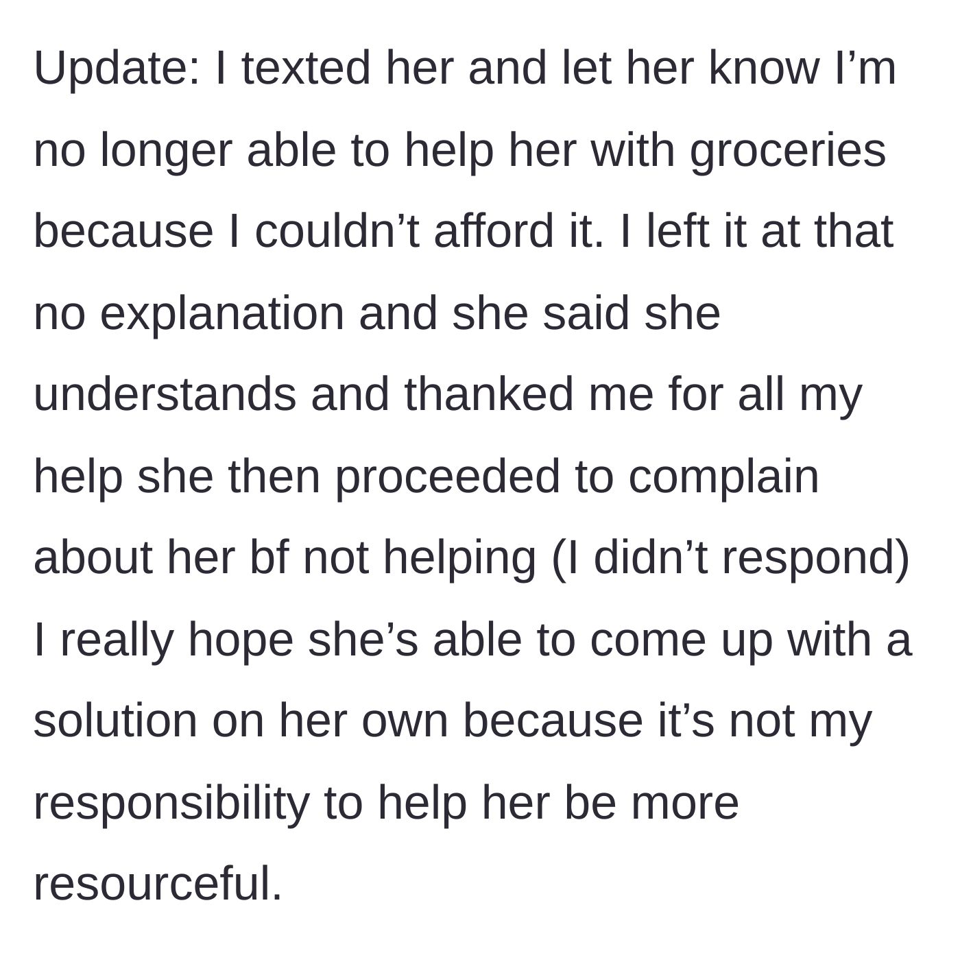 Story part 6 - The author cuts off the grocery money via text, and Jane immediately deflects to complaining about her boyfriend.