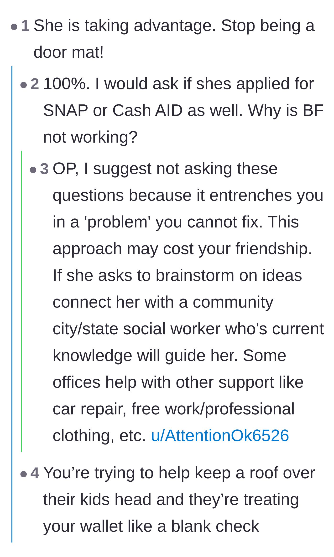 Comment thread 1 - Readers calling out the friend for treating the author's wallet like a blank check and suggesting government aid instead.
