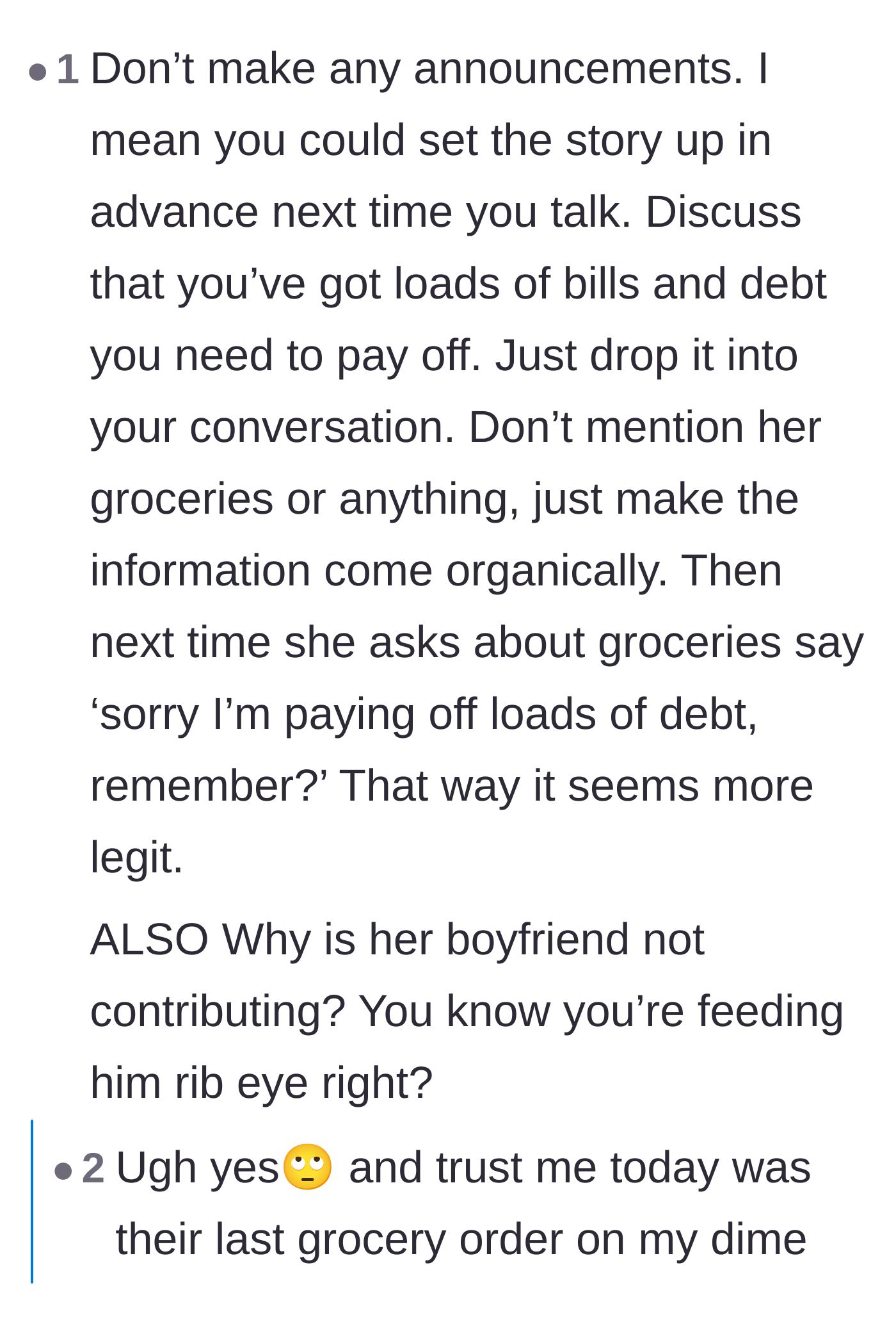 Comment thread 3 - Strategizing how to gracefully bow out by pretending to be broke or asking to borrow money.