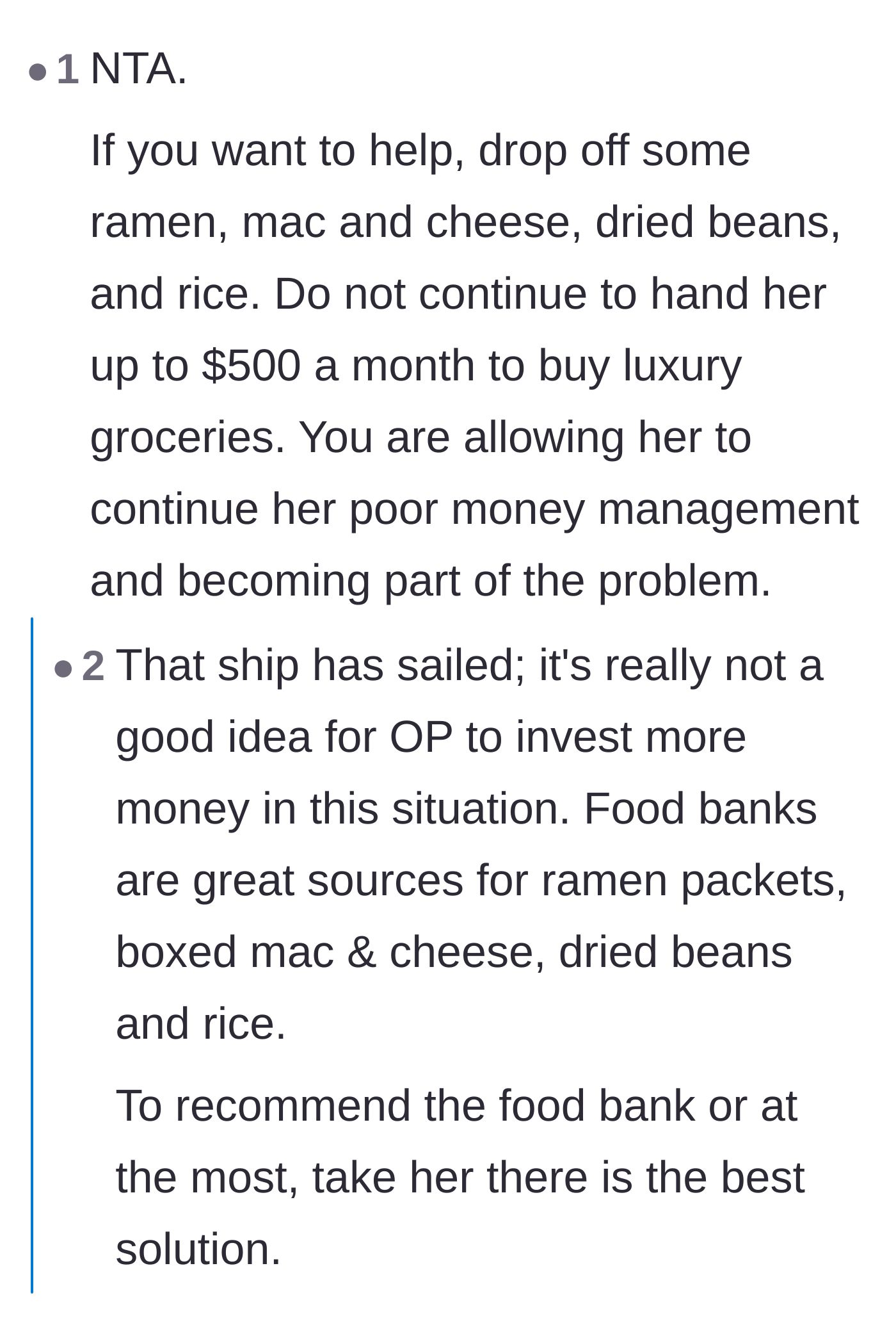 Comment thread 5 - Suggestions to only provide cheap staples like rice and beans or point the friend toward local food banks.