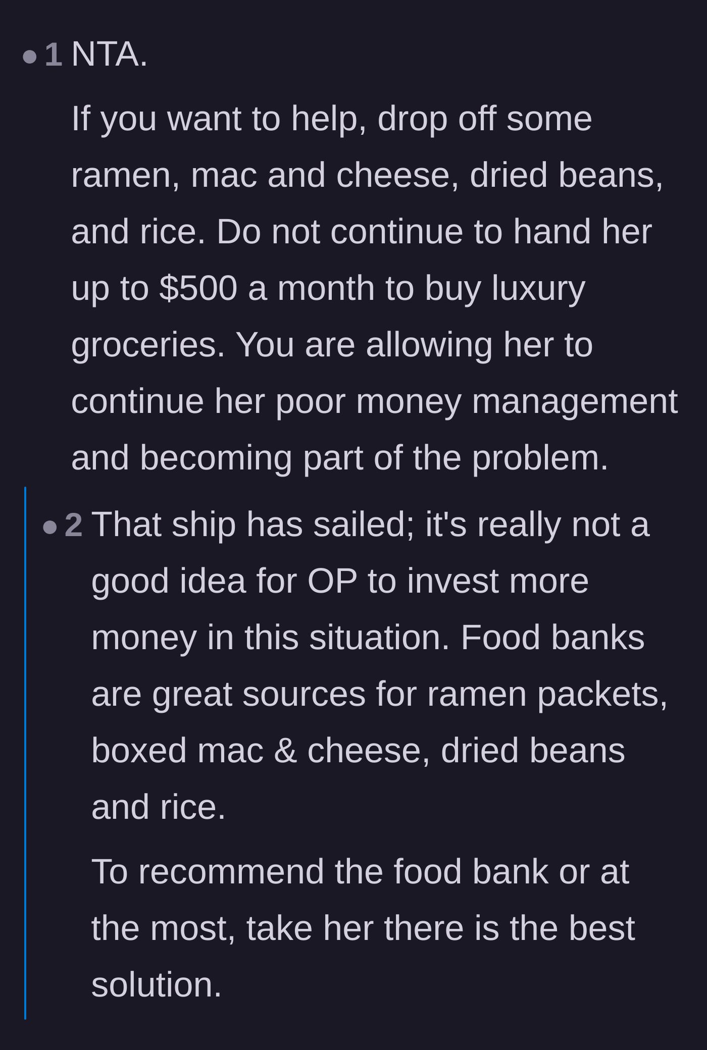 Comment thread 5 - Suggestions to only provide cheap staples like rice and beans or point the friend toward local food banks.