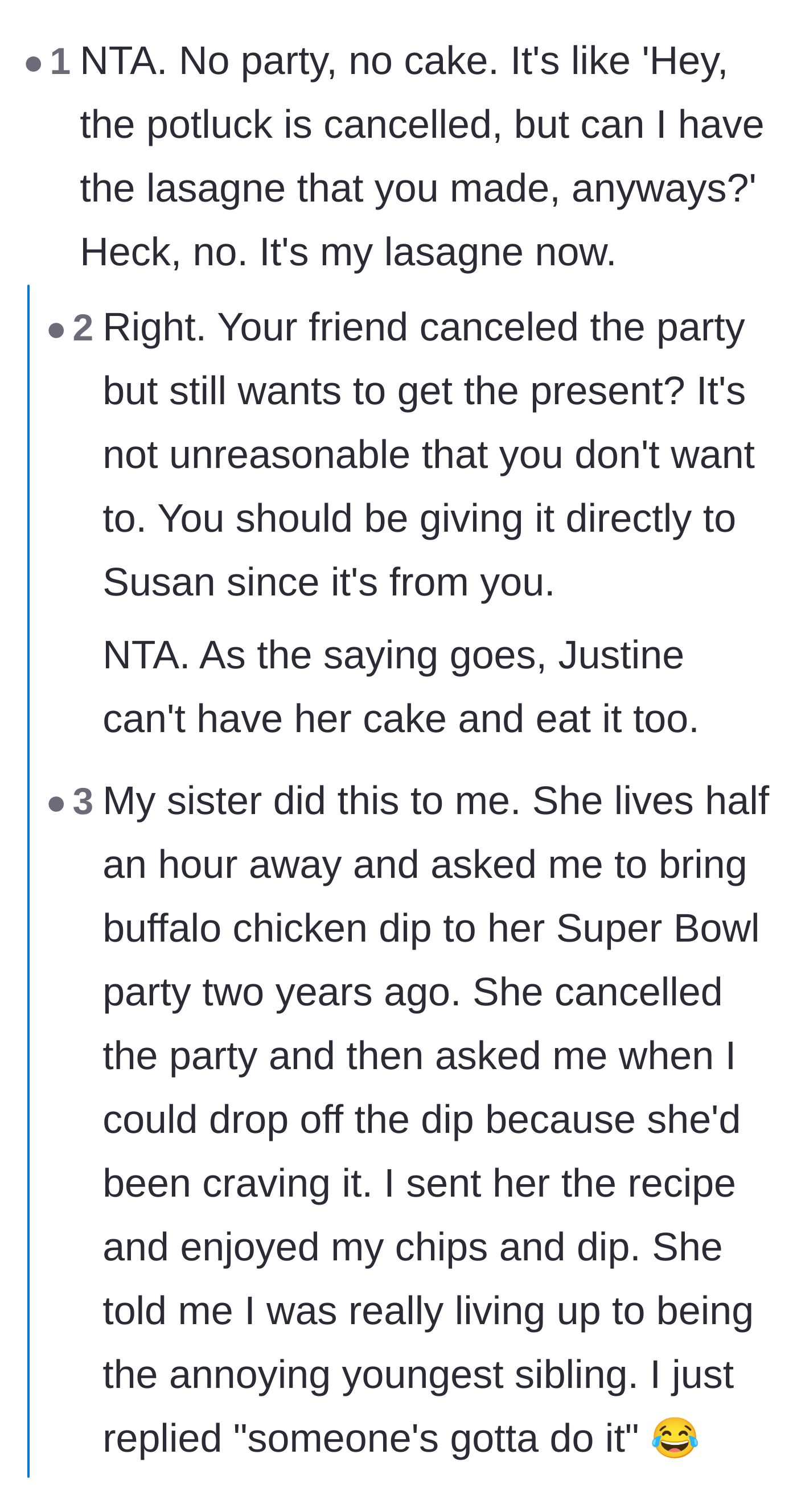 Comment thread 2 - A comparison to demanding lasagna for a canceled potluck, which sparked a tangent of food stories.