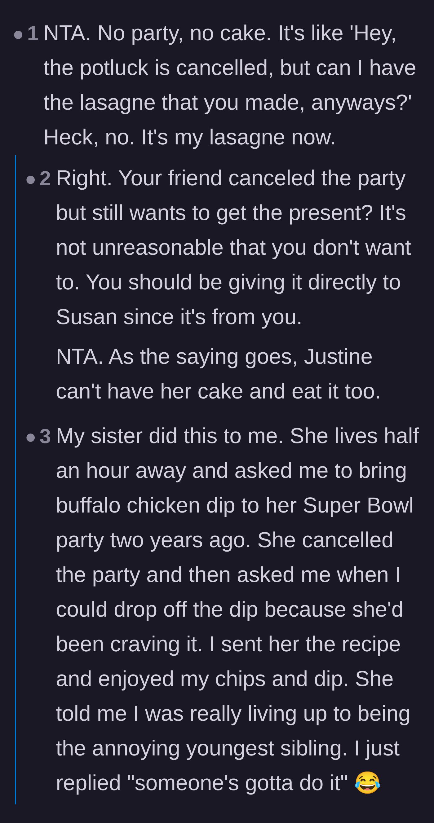 Comment thread 2 - A comparison to demanding lasagna for a canceled potluck, which sparked a tangent of food stories.