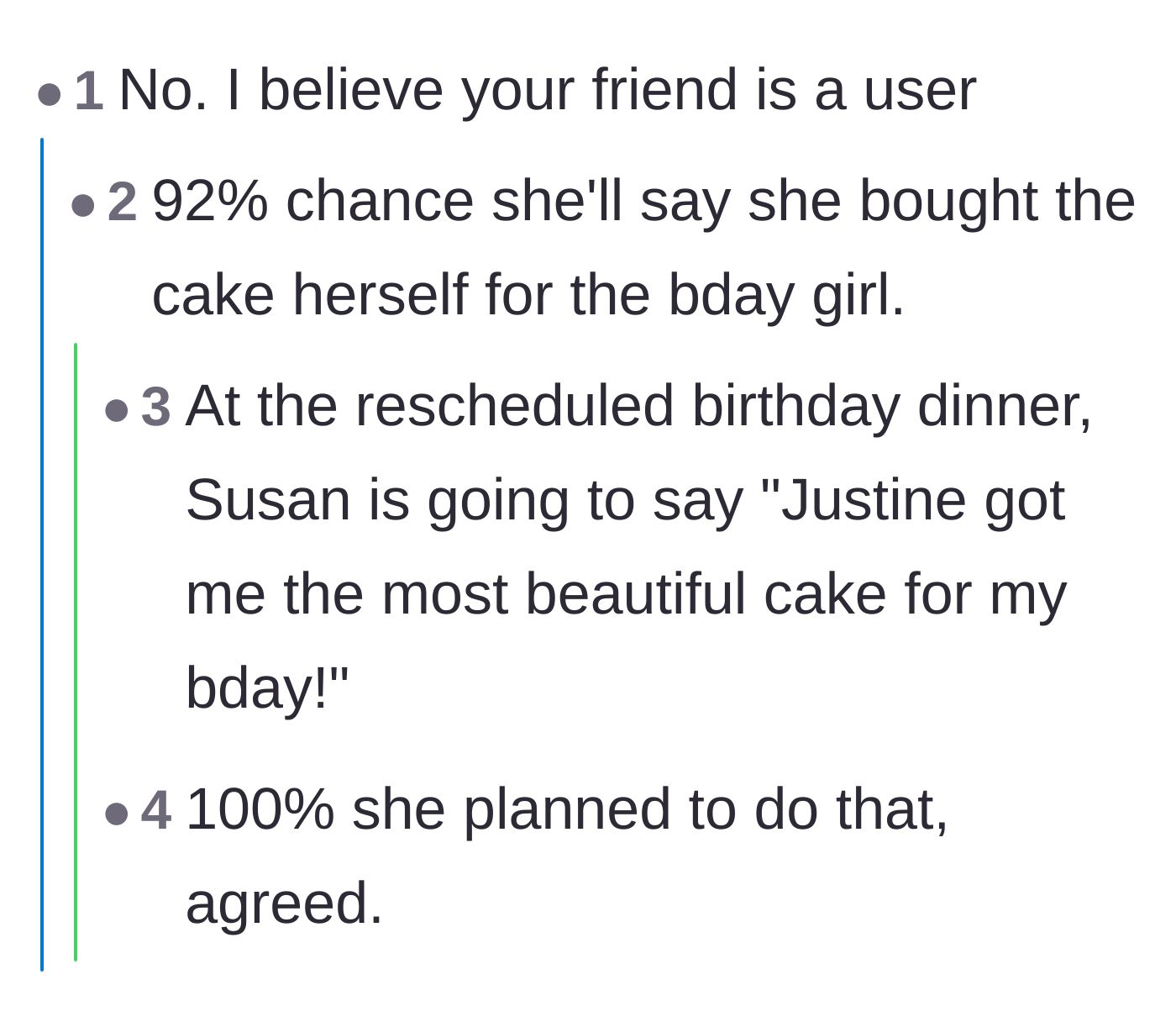 Comment thread 3 - Predictions that the friend planned to pass the expensive custom cake off as her own gift to her wife.