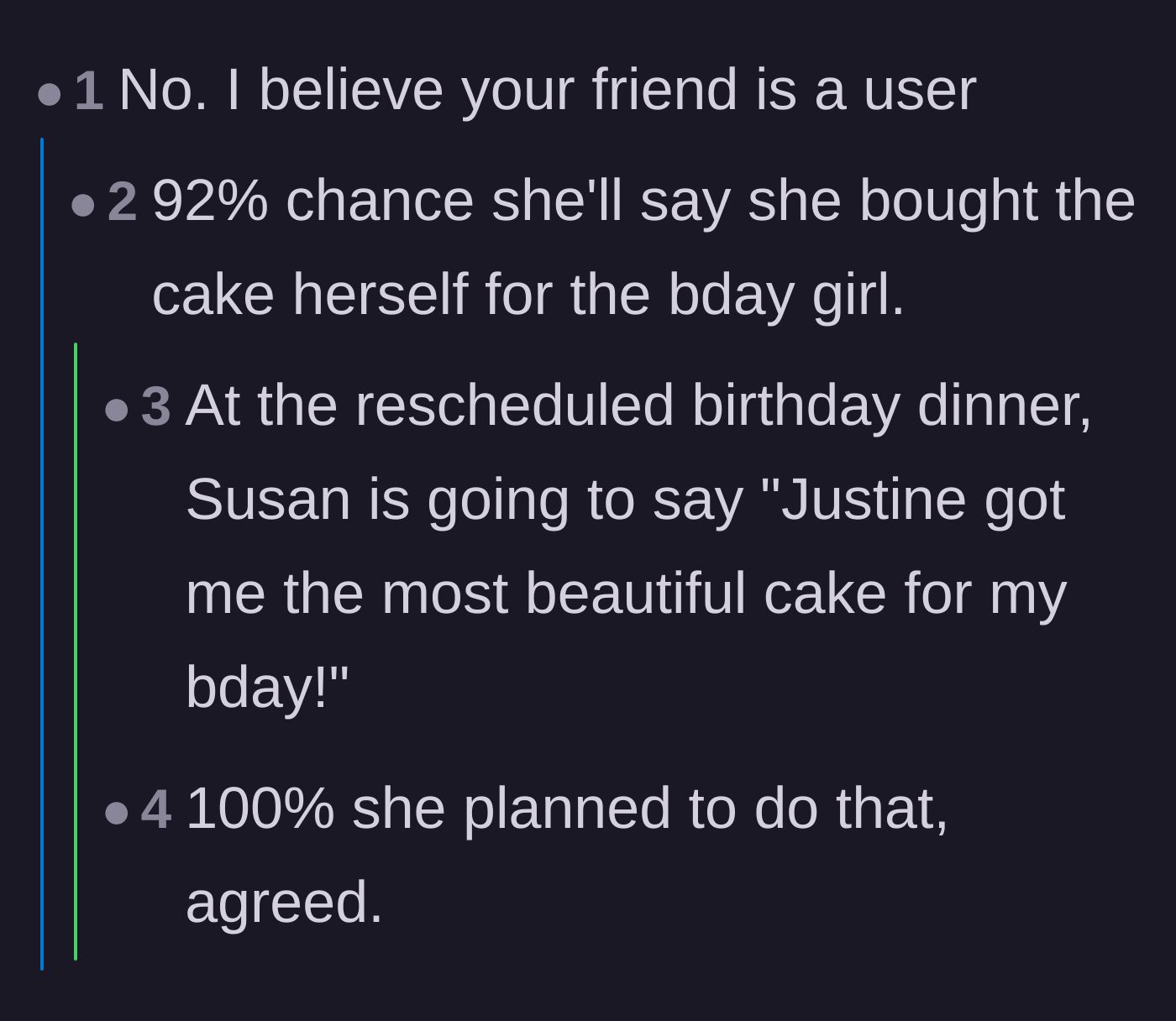 Comment thread 3 - Predictions that the friend planned to pass the expensive custom cake off as her own gift to her wife.