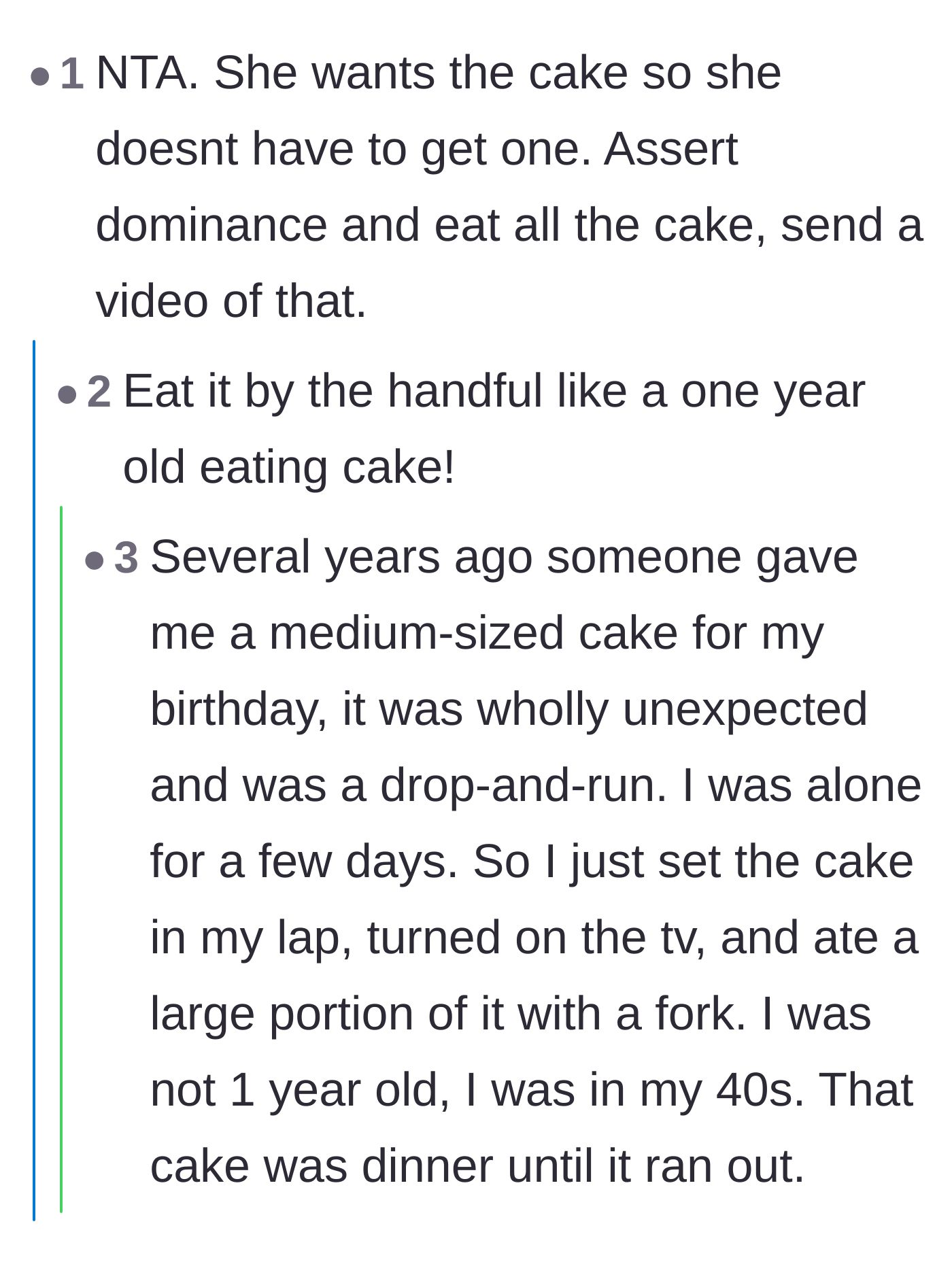 Comment thread 4 - Humorous suggestions to assert dominance by eating the entire cake by hand and sending a video.