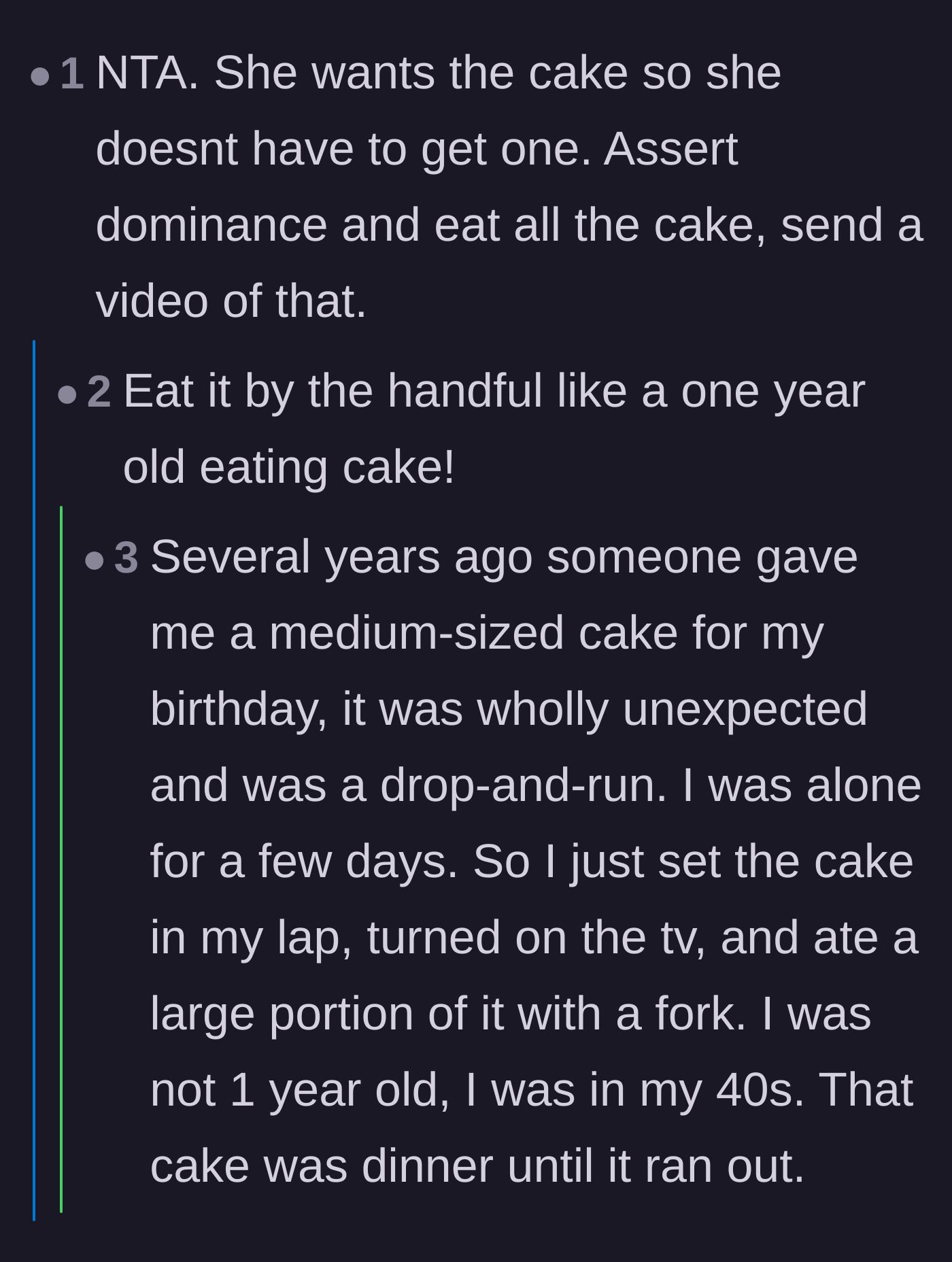 Comment thread 4 - Humorous suggestions to assert dominance by eating the entire cake by hand and sending a video.