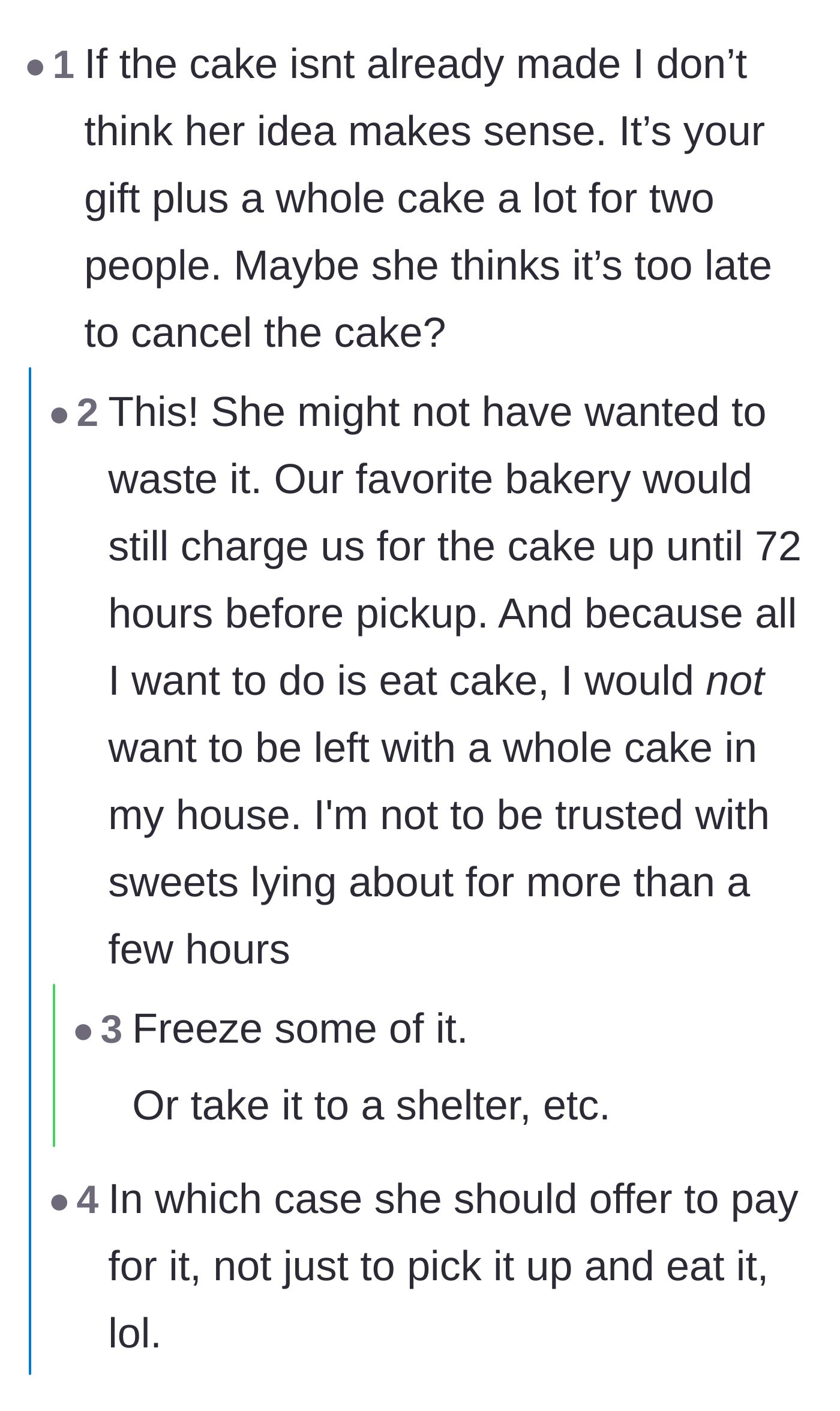 Comment thread 6 - Speculation that the friend was just trying to prevent food waste, followed by swift counterarguments.