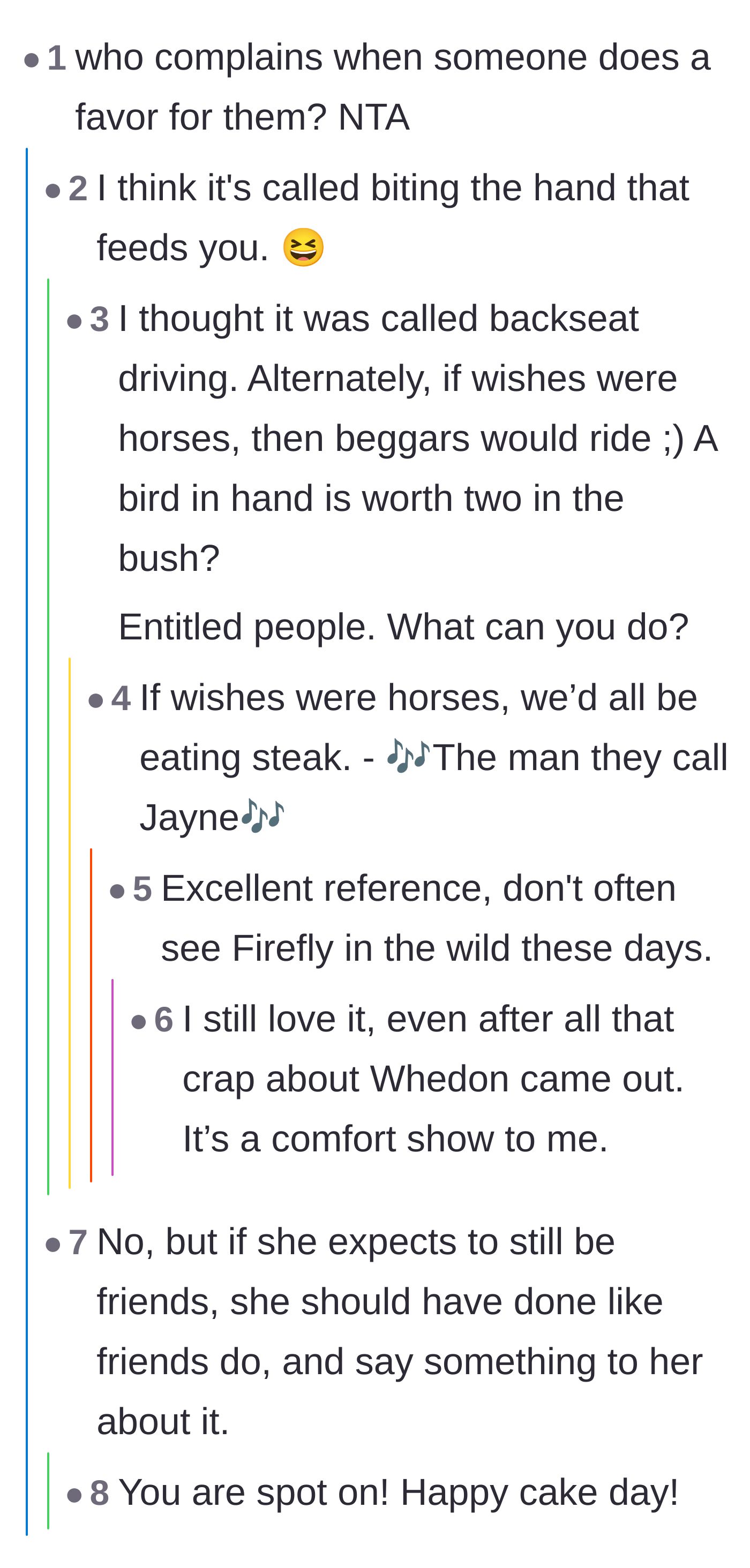 Comment thread 1 - Readers debating whether the driver owed her friend a conversation before cutting her off.