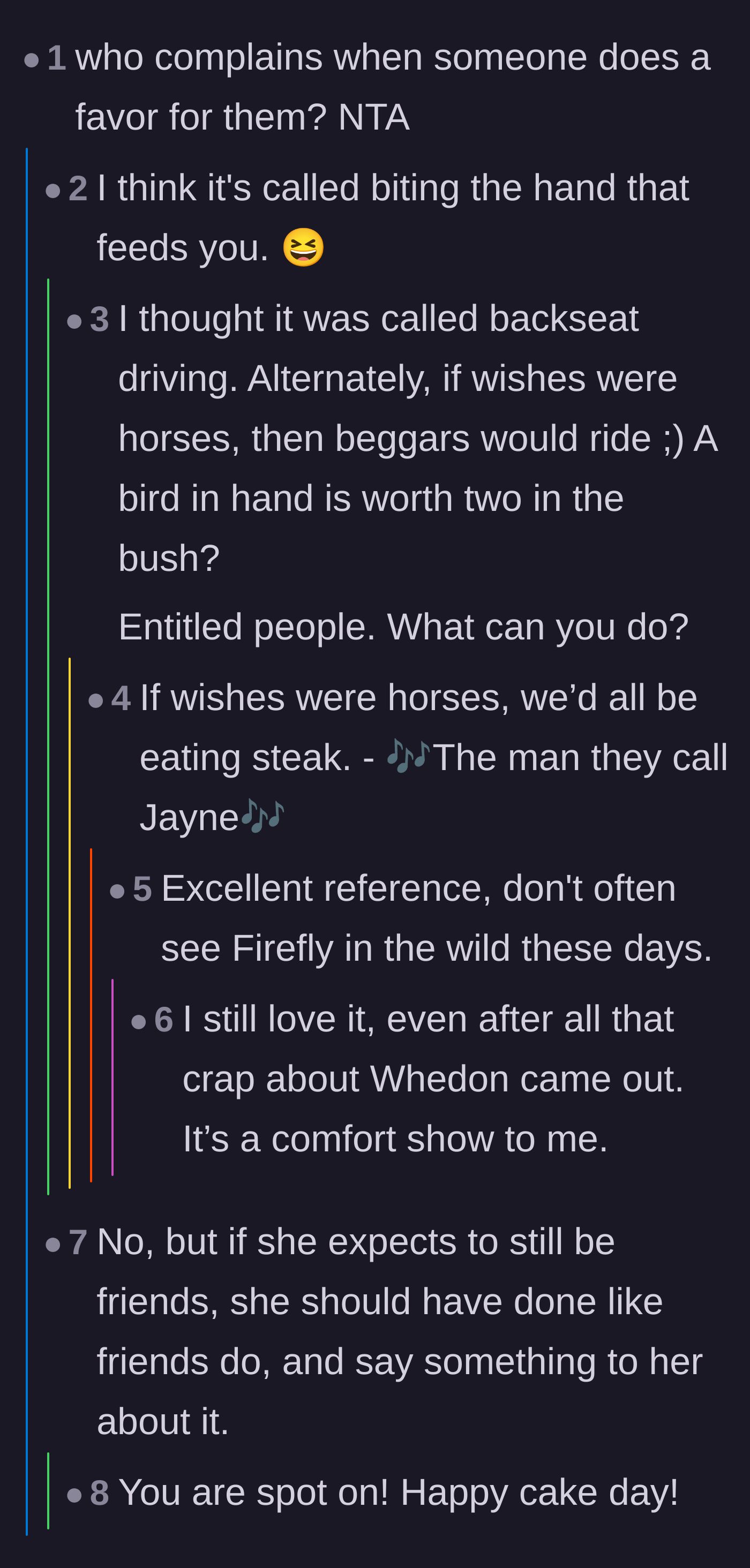Comment thread 1 - Readers debating whether the driver owed her friend a conversation before cutting her off.