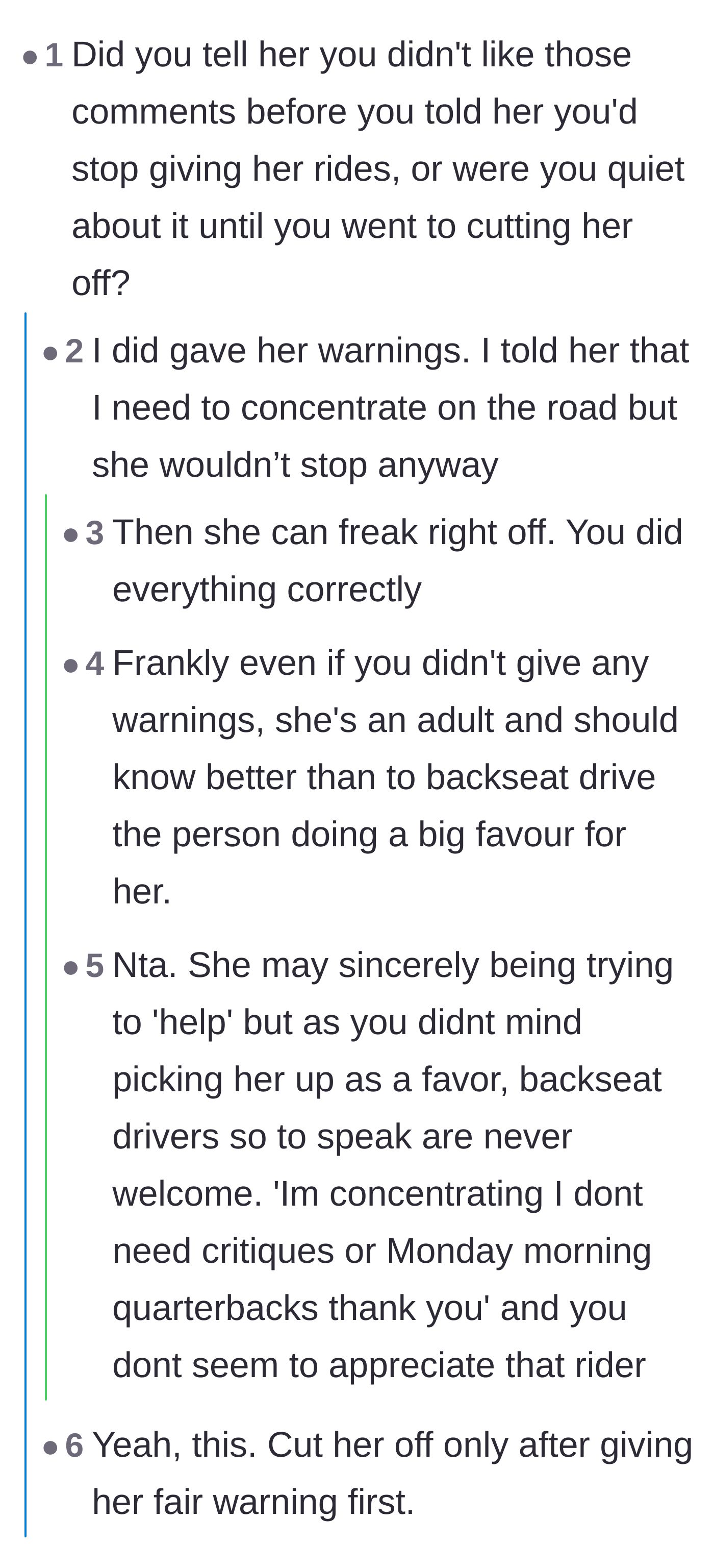 Comment thread 2 - The driver reveals in the replies that she gave multiple warnings and the passenger has her own car.
