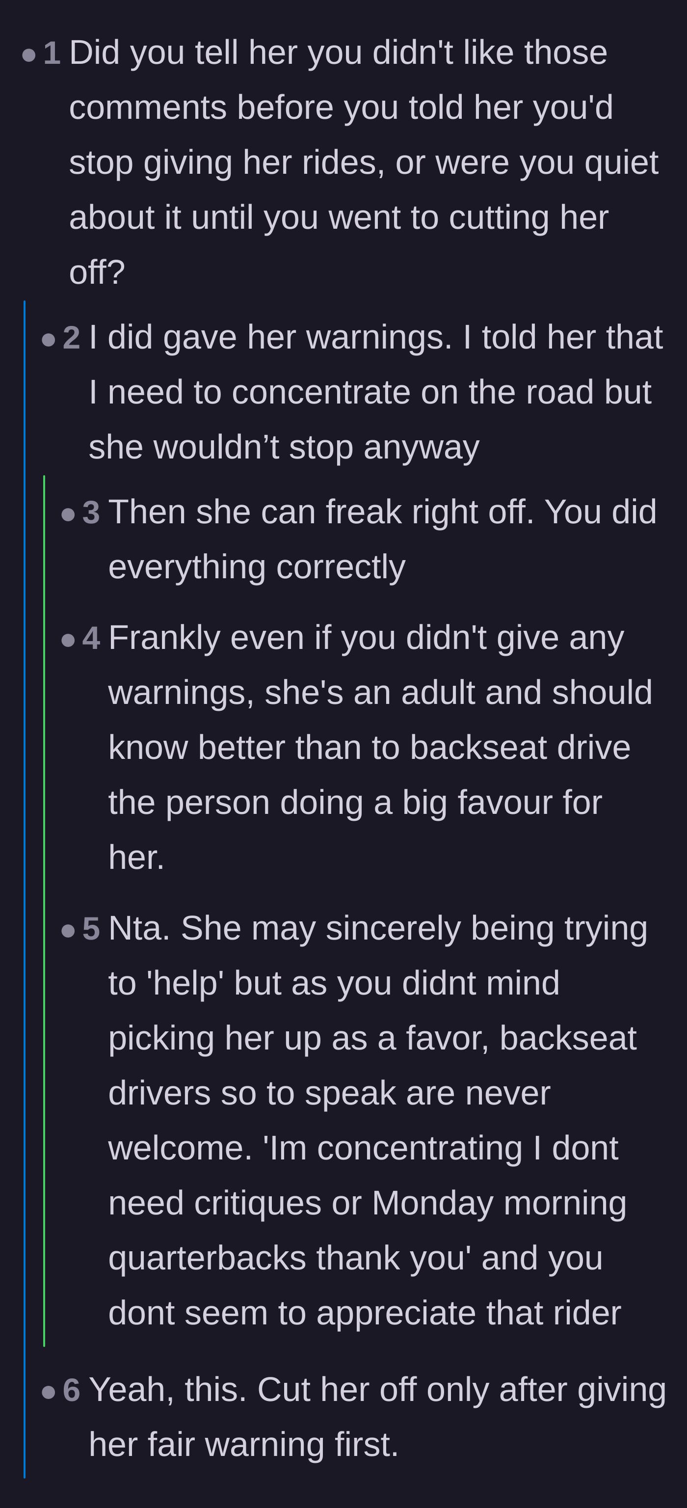 Comment thread 2 - The driver reveals in the replies that she gave multiple warnings and the passenger has her own car.