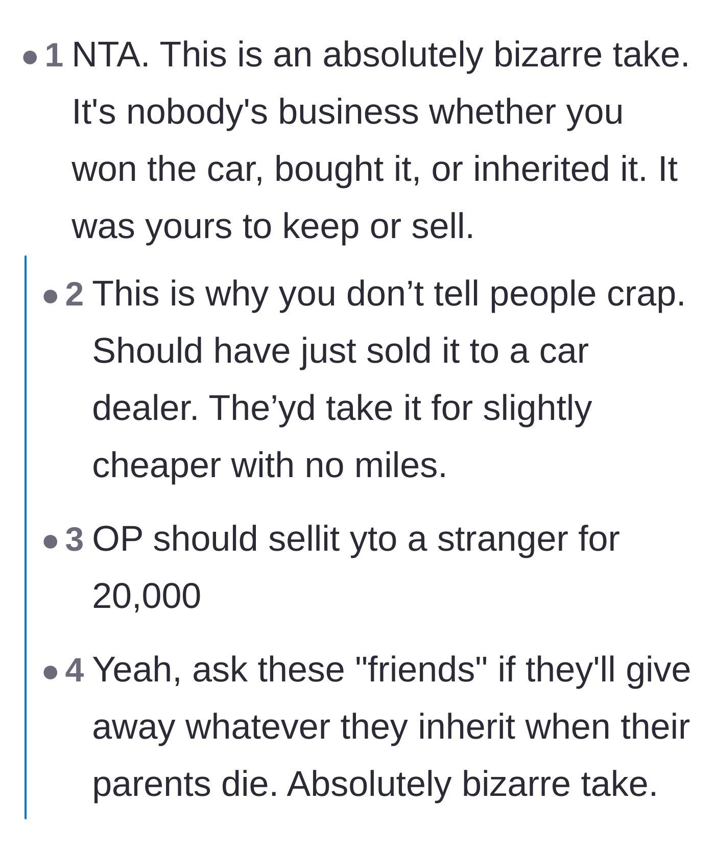 Comment thread 1 - Discussing how the origin of an asset is irrelevant and the danger of sharing financial windfalls.