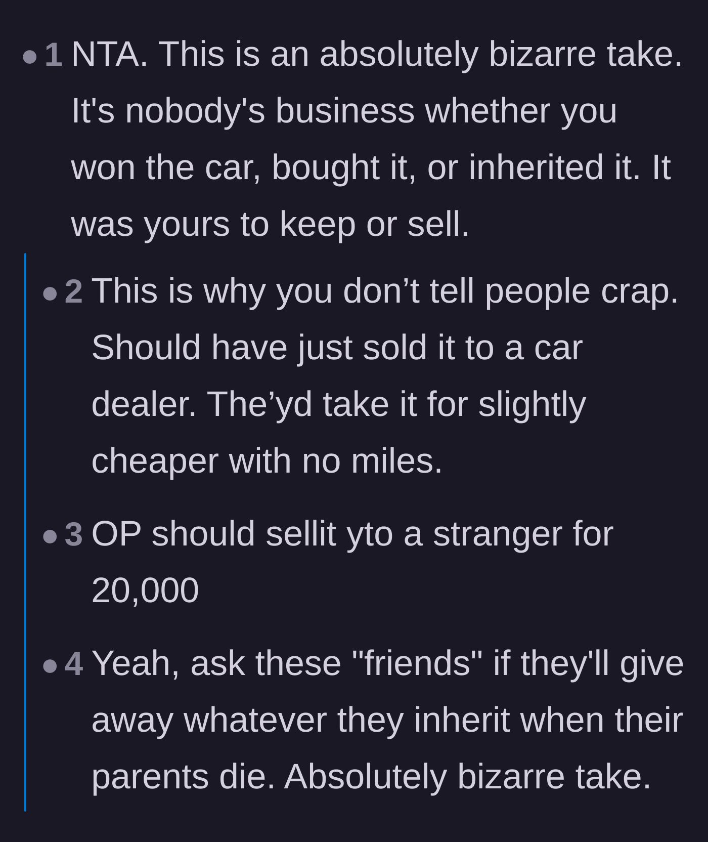 Comment thread 1 - Discussing how the origin of an asset is irrelevant and the danger of sharing financial windfalls.