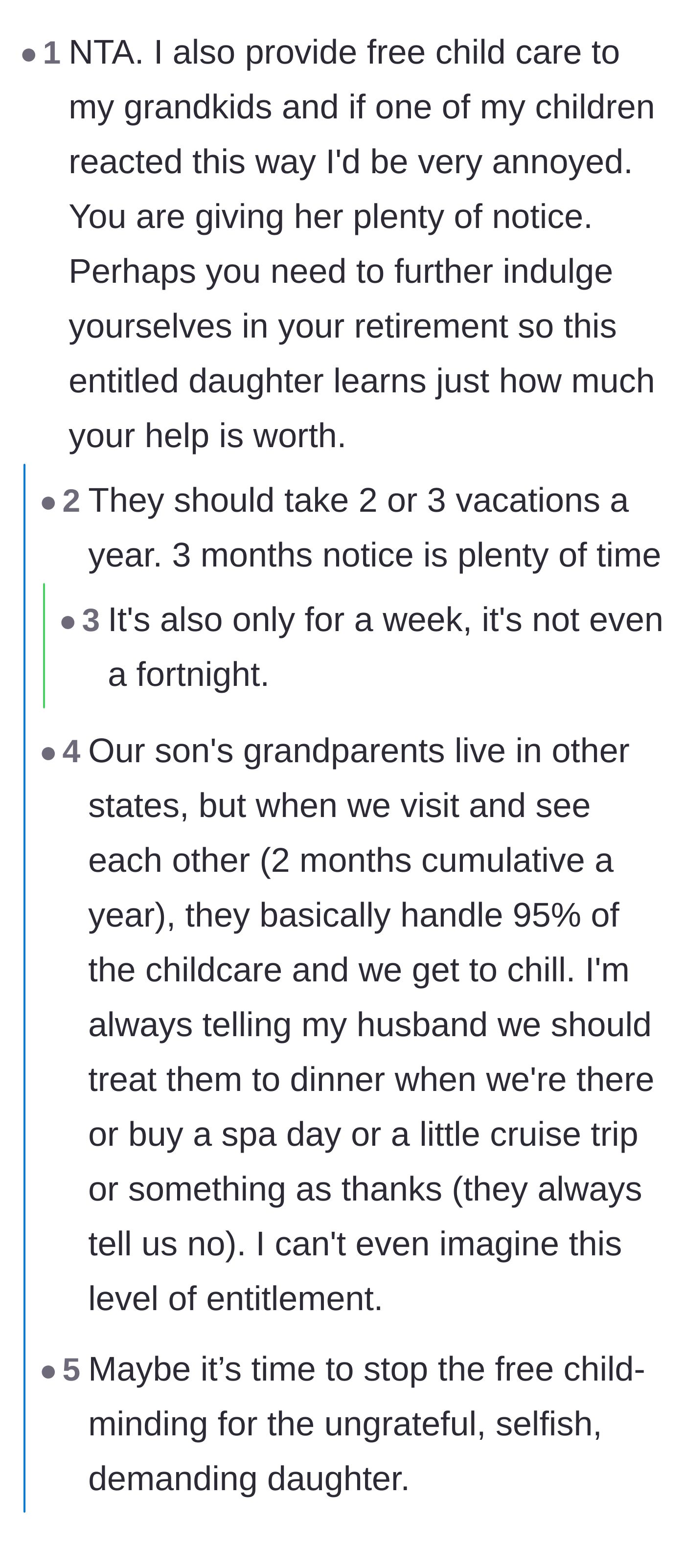 Comment thread 2 - A fellow grandparent suggests taking even more vacations to show the daughter just how valuable their free help truly is.