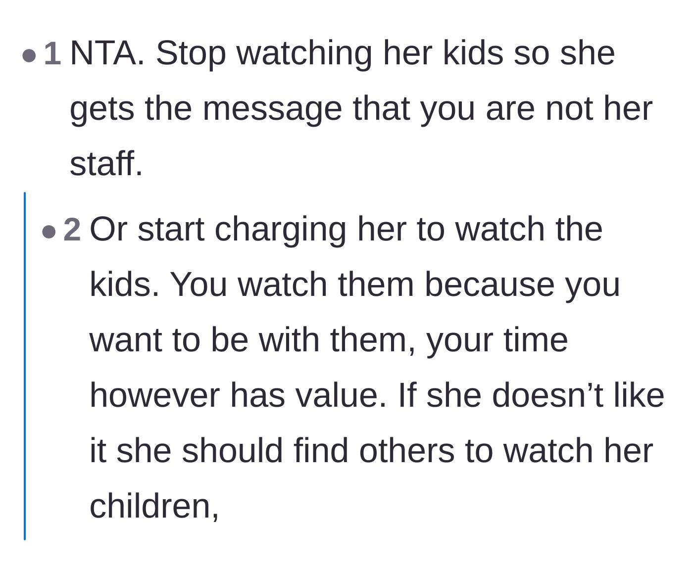 Comment thread 3 - Users firmly suggest cutting off the free babysitting entirely so the daughter realizes her parents aren't her personal staff.