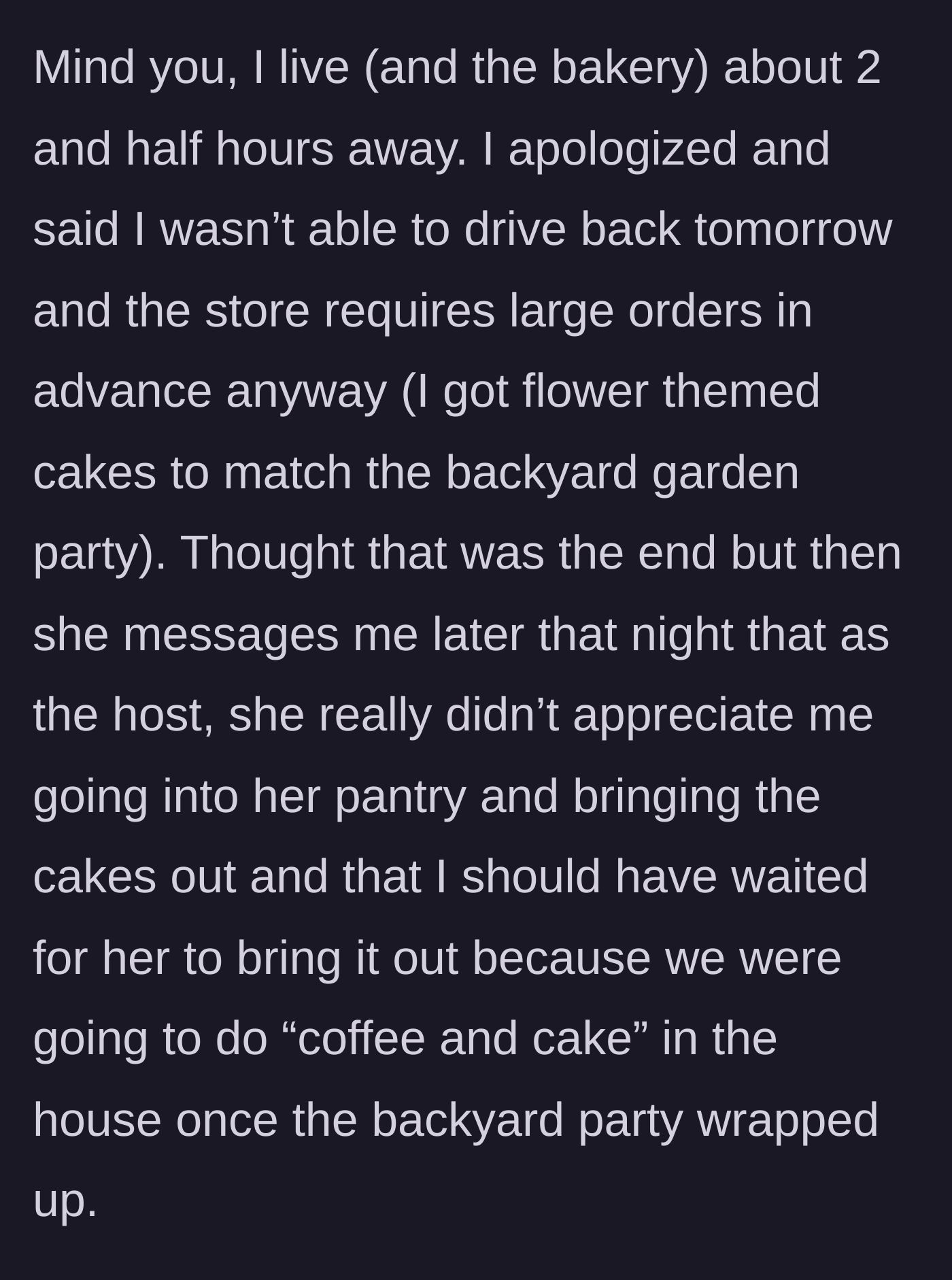Story part 5 - Guest declines the outrageous request, and the host sends a passive-aggressive text scolding her for serving the hidden food.