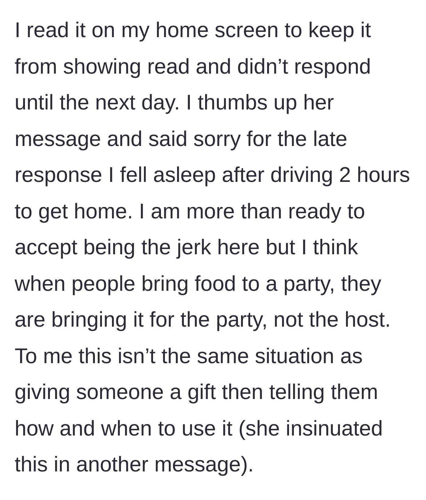 Story part 6 - Guest leaves the host on read, drops a thumbs-up emoji the next day, and stands her ground on potluck etiquette.