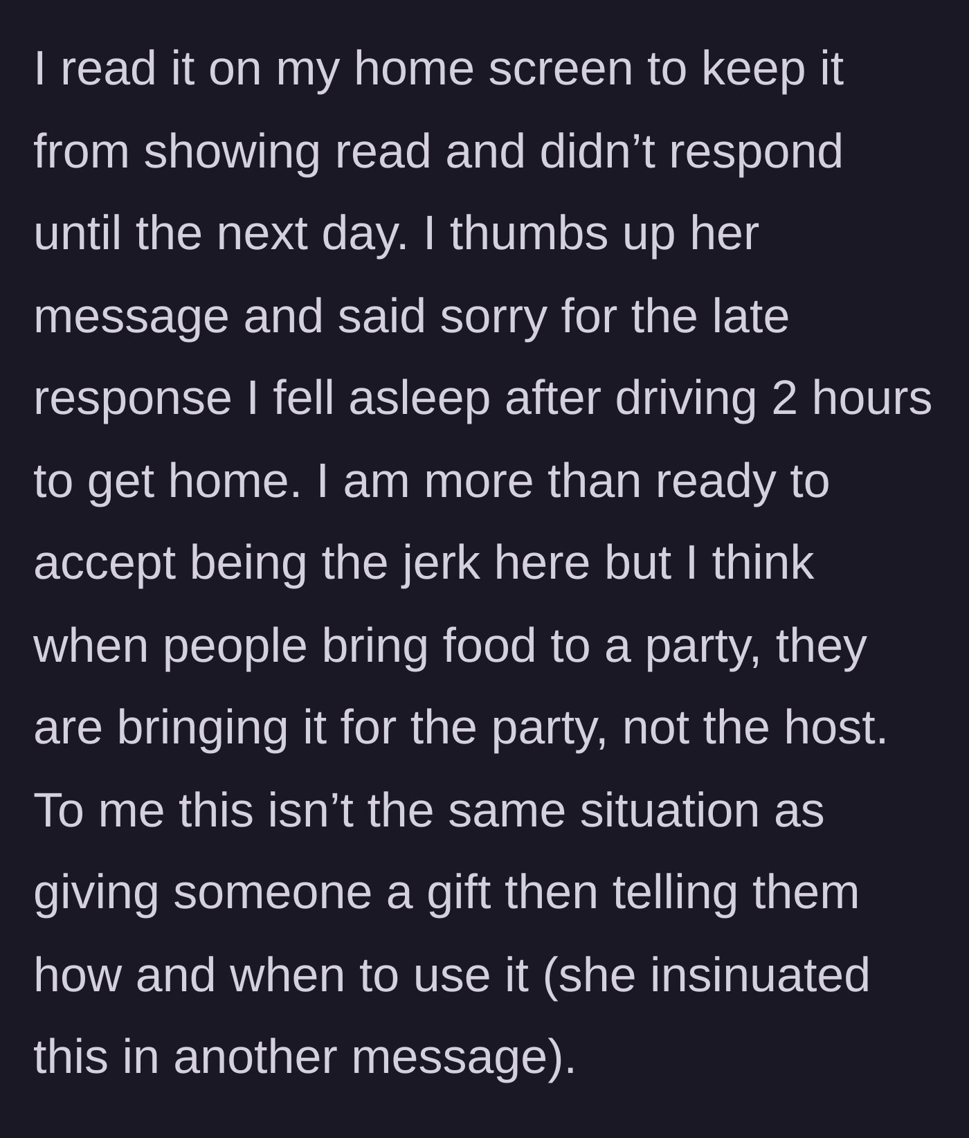 Story part 6 - Guest leaves the host on read, drops a thumbs-up emoji the next day, and stands her ground on potluck etiquette.