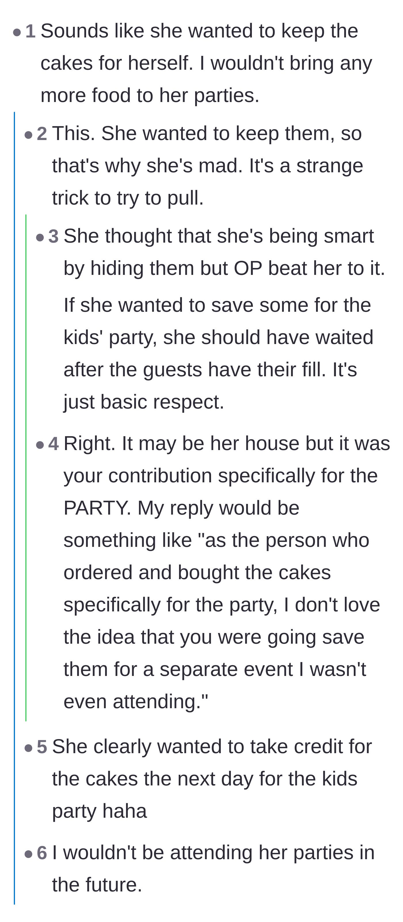 Comment thread 1 - Readers call out the host for trying to steal the custom cakes for a separate party she didn't invite the guest to.