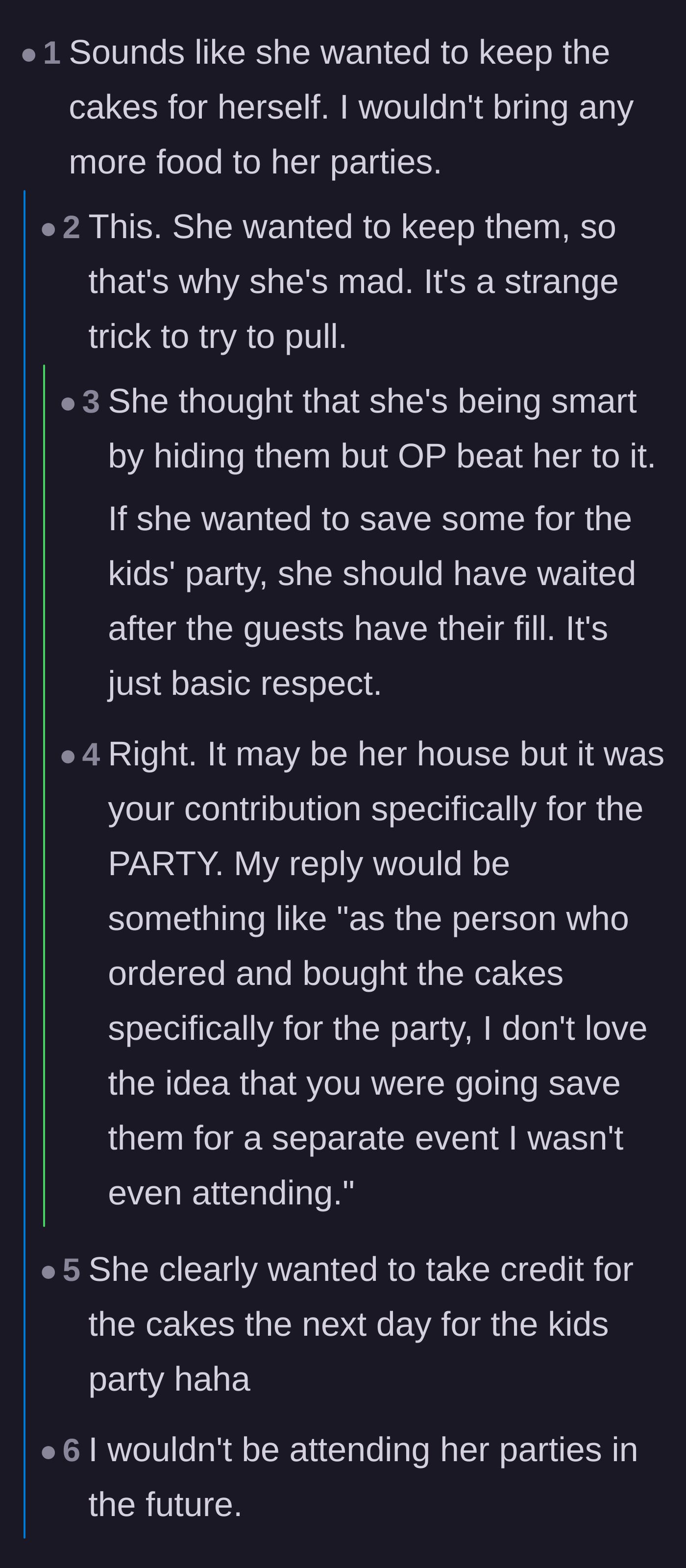 Comment thread 1 - Readers call out the host for trying to steal the custom cakes for a separate party she didn't invite the guest to.