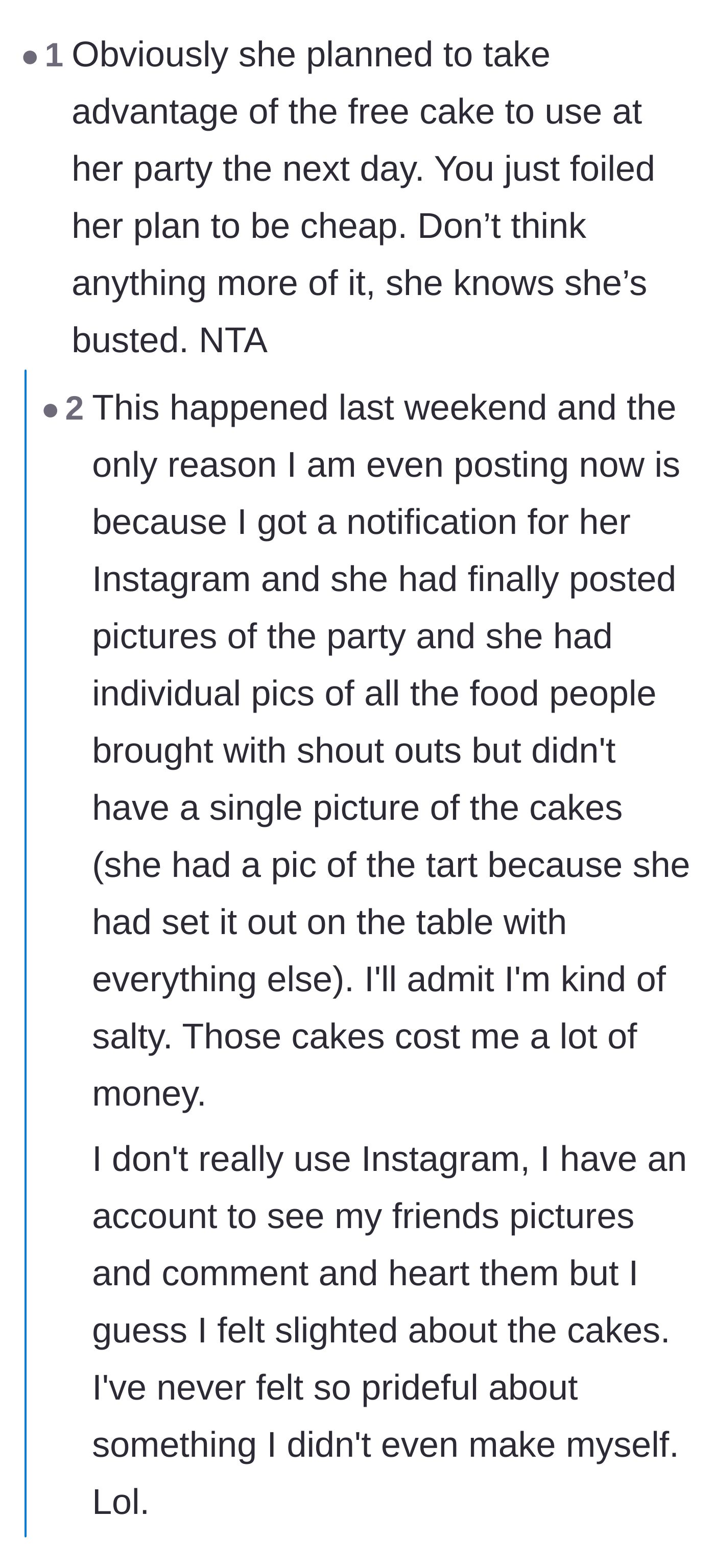 Comment thread 2 - The guest reveals the host is an influencer who purposely left the cakes out of her Instagram post, and commenters suggest petty ways to respond.