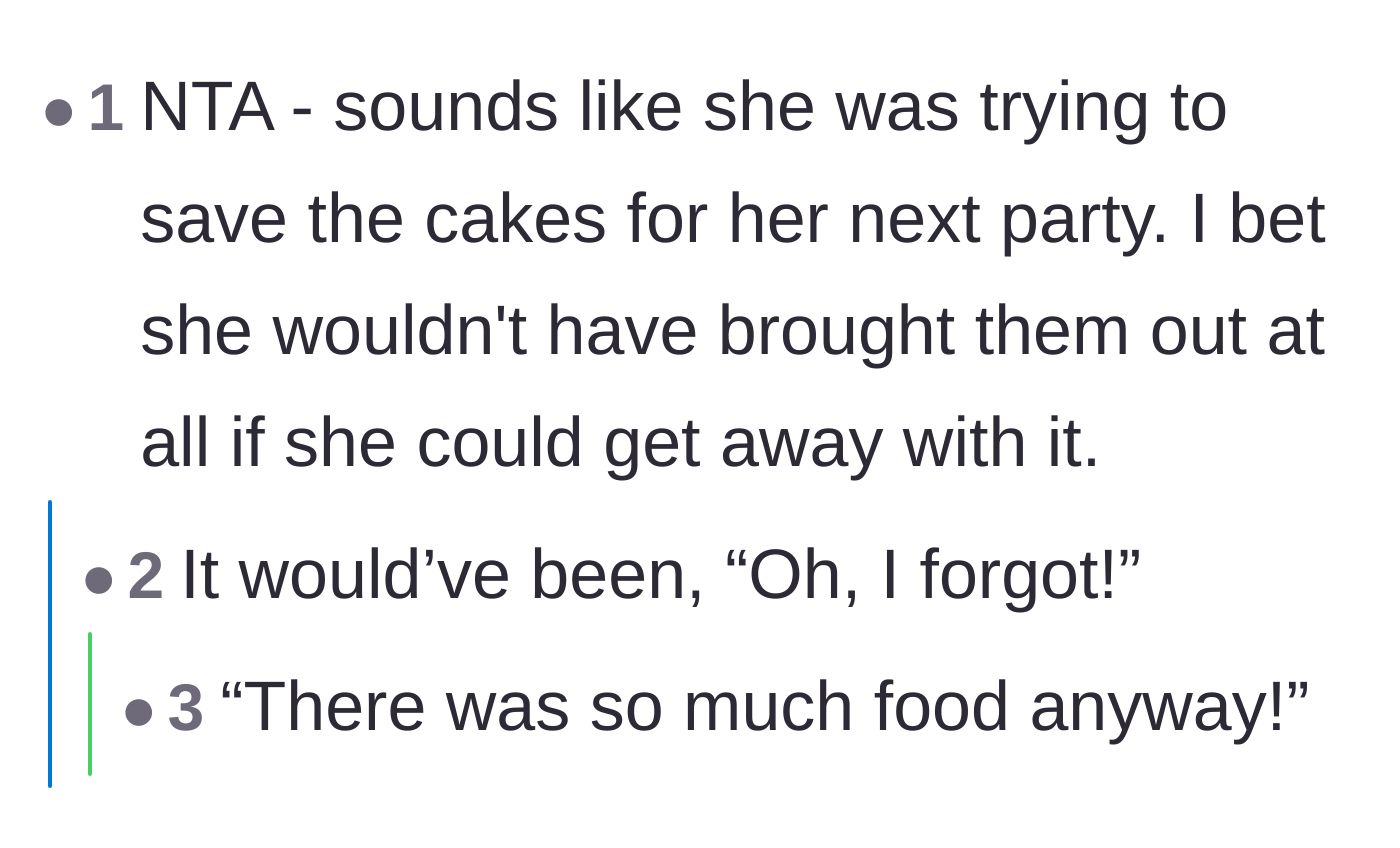 Comment thread 4 - Commenters accurately predict the fake excuses the host would have used if the cakes were never found.