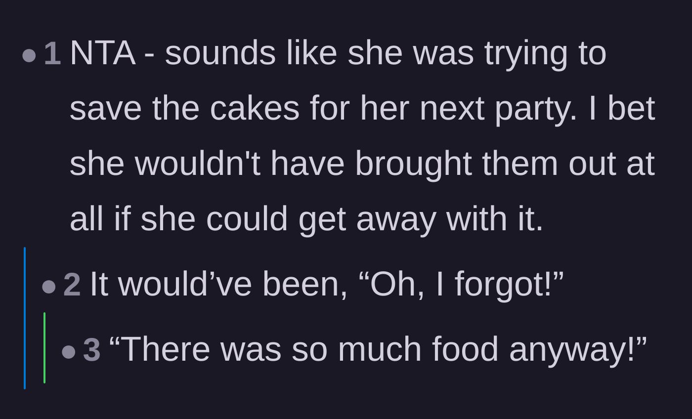 Comment thread 4 - Commenters accurately predict the fake excuses the host would have used if the cakes were never found.