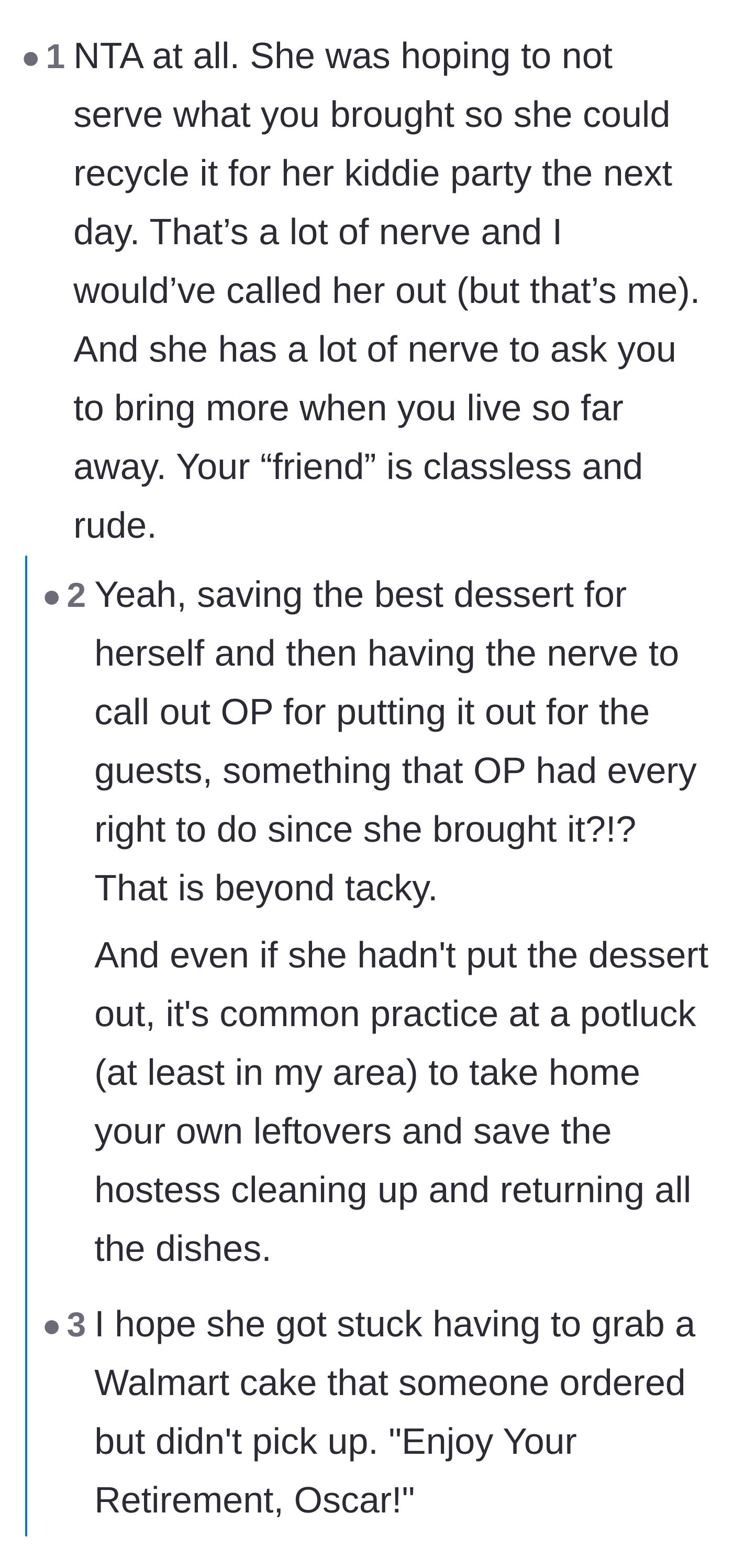 Comment thread 5 - Discussion on standard potluck etiquette dictating that guests take their own unserved leftovers home, plus a joke about Walmart cakes.