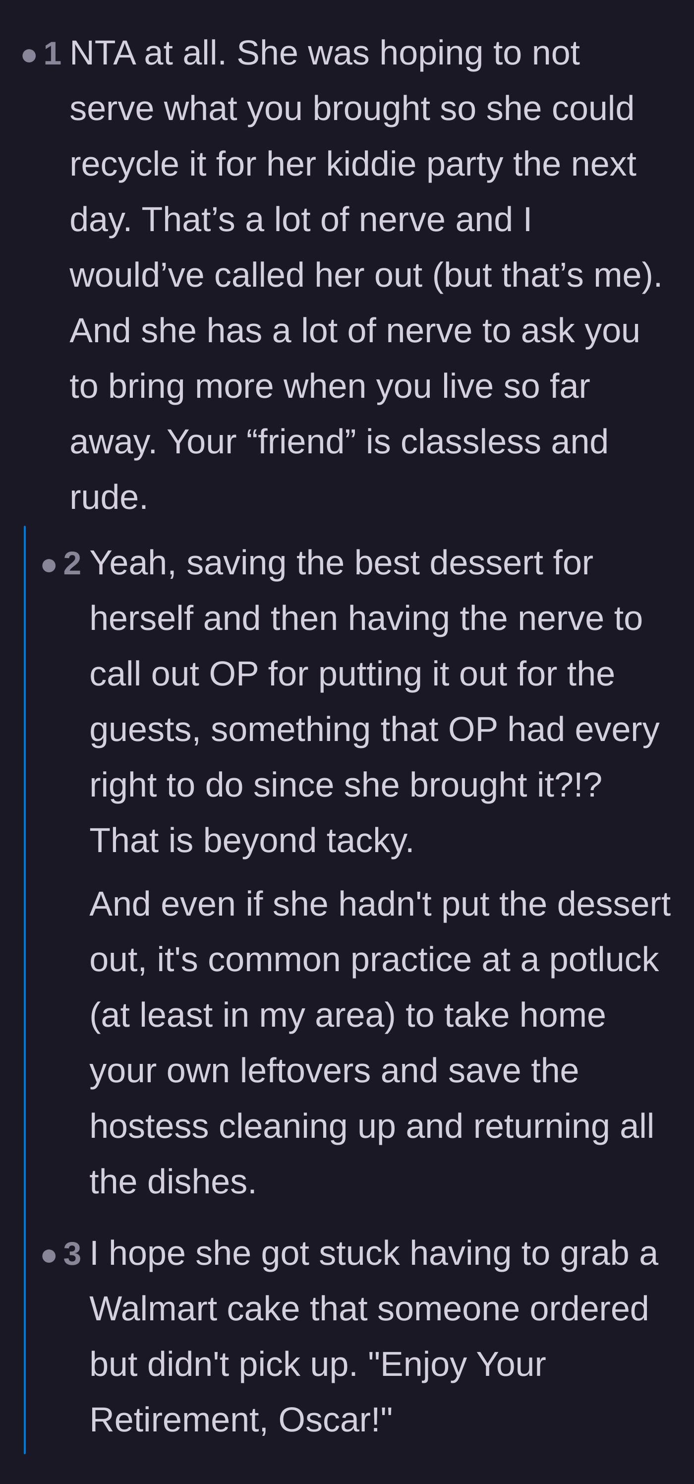 Comment thread 5 - Discussion on standard potluck etiquette dictating that guests take their own unserved leftovers home, plus a joke about Walmart cakes.