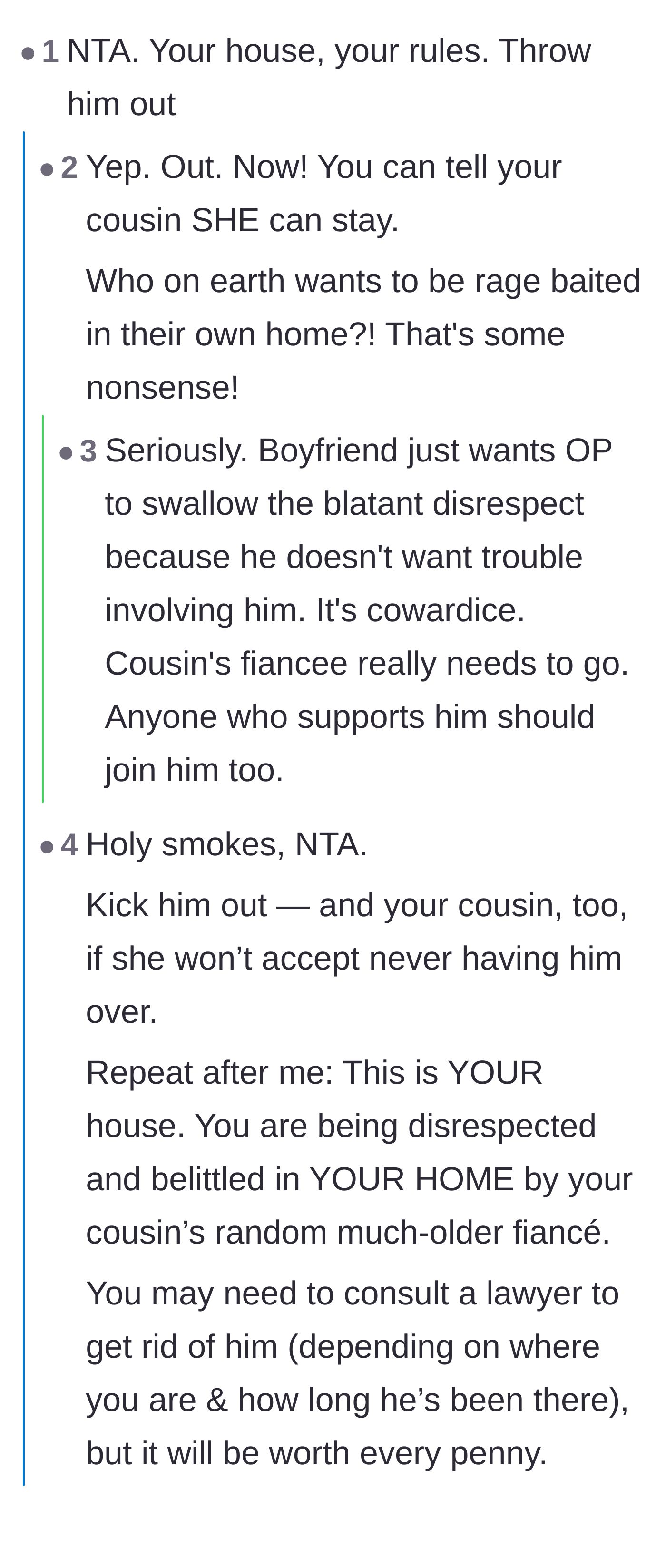 Comment thread 1 - Readers demanding the homeowner evict the fiancé and calling out the boyfriend's cowardice.