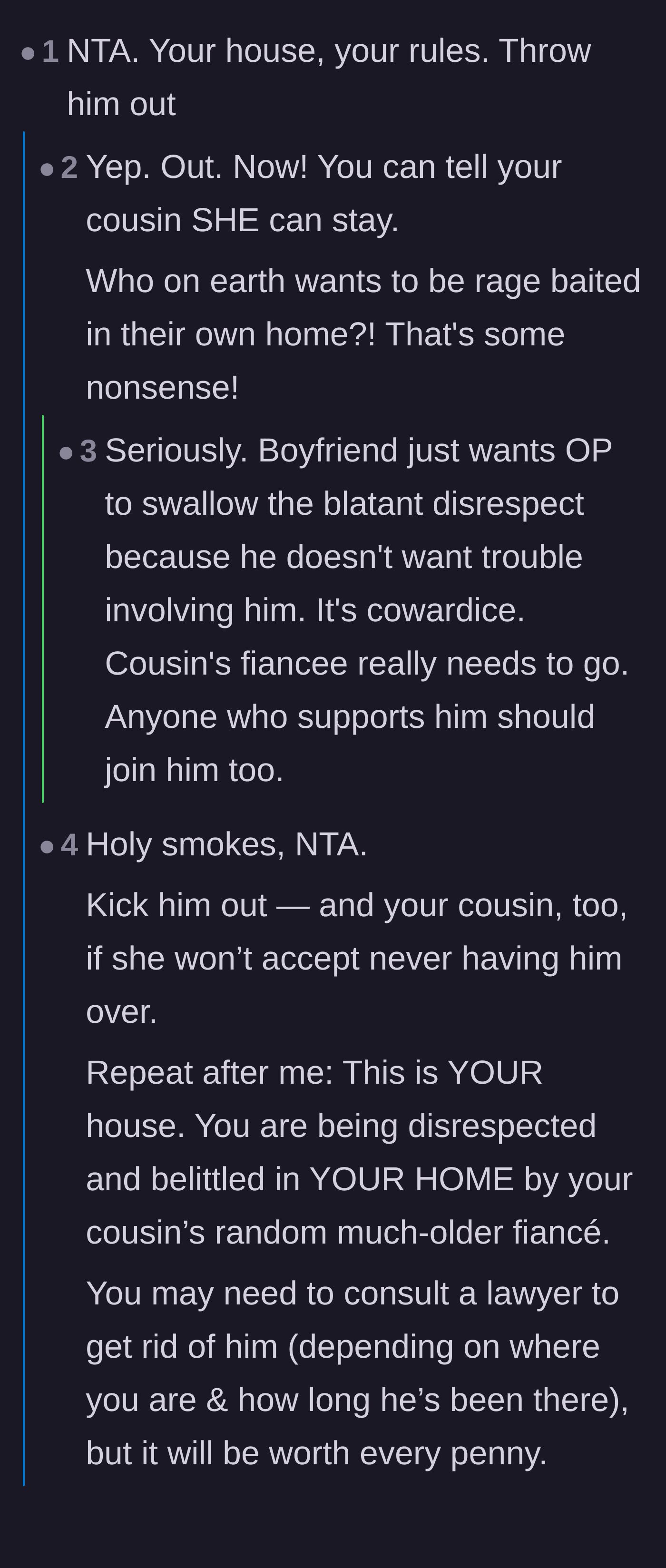 Comment thread 1 - Readers demanding the homeowner evict the fiancé and calling out the boyfriend's cowardice.