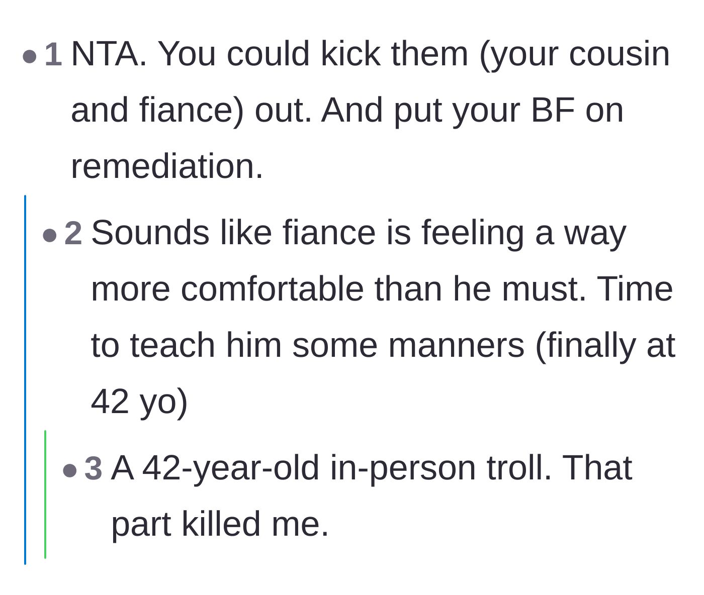 Comment thread 3 - Users mocking the 42-year-old fiancé for acting like a real-life internet troll.