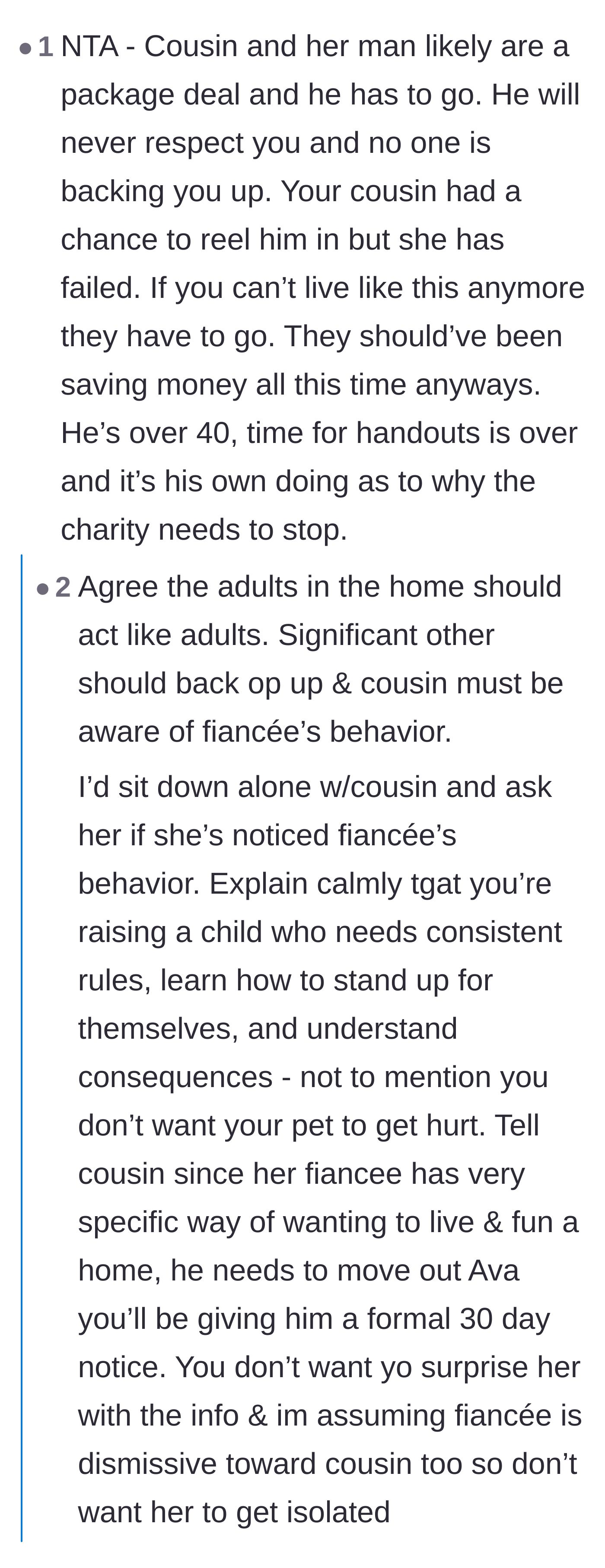 Comment thread 4 - A detailed plan to give the cousin a heads-up before serving the fiancé a 30-day eviction notice.